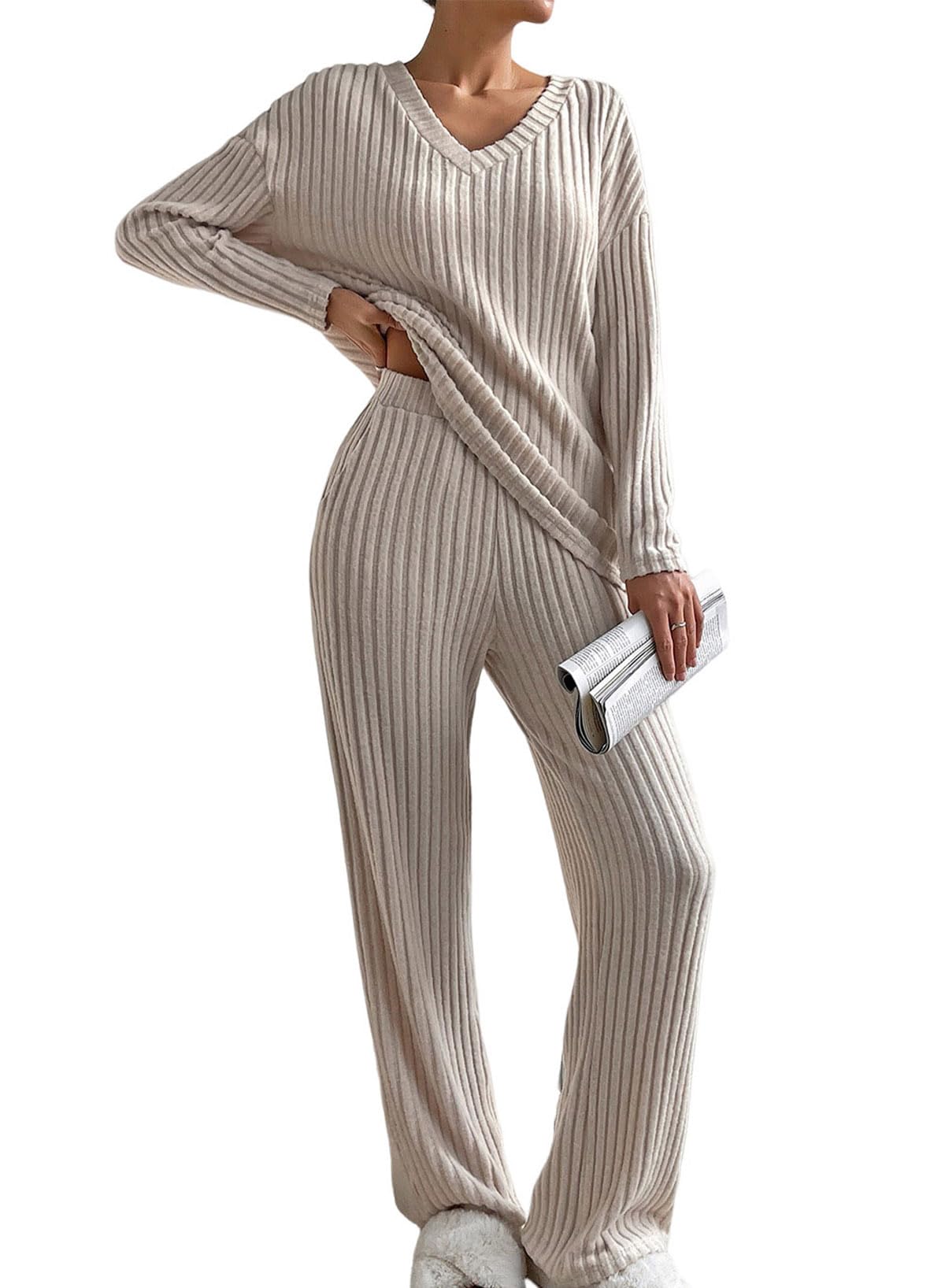 SHEWIN Women's Pajama Sets - Long Sleeve & Short Sleeve 2-Piece Lounge Outfit, Ribbed Knit Sweater Sleepwear for Cozy Nights & Relaxing at Home