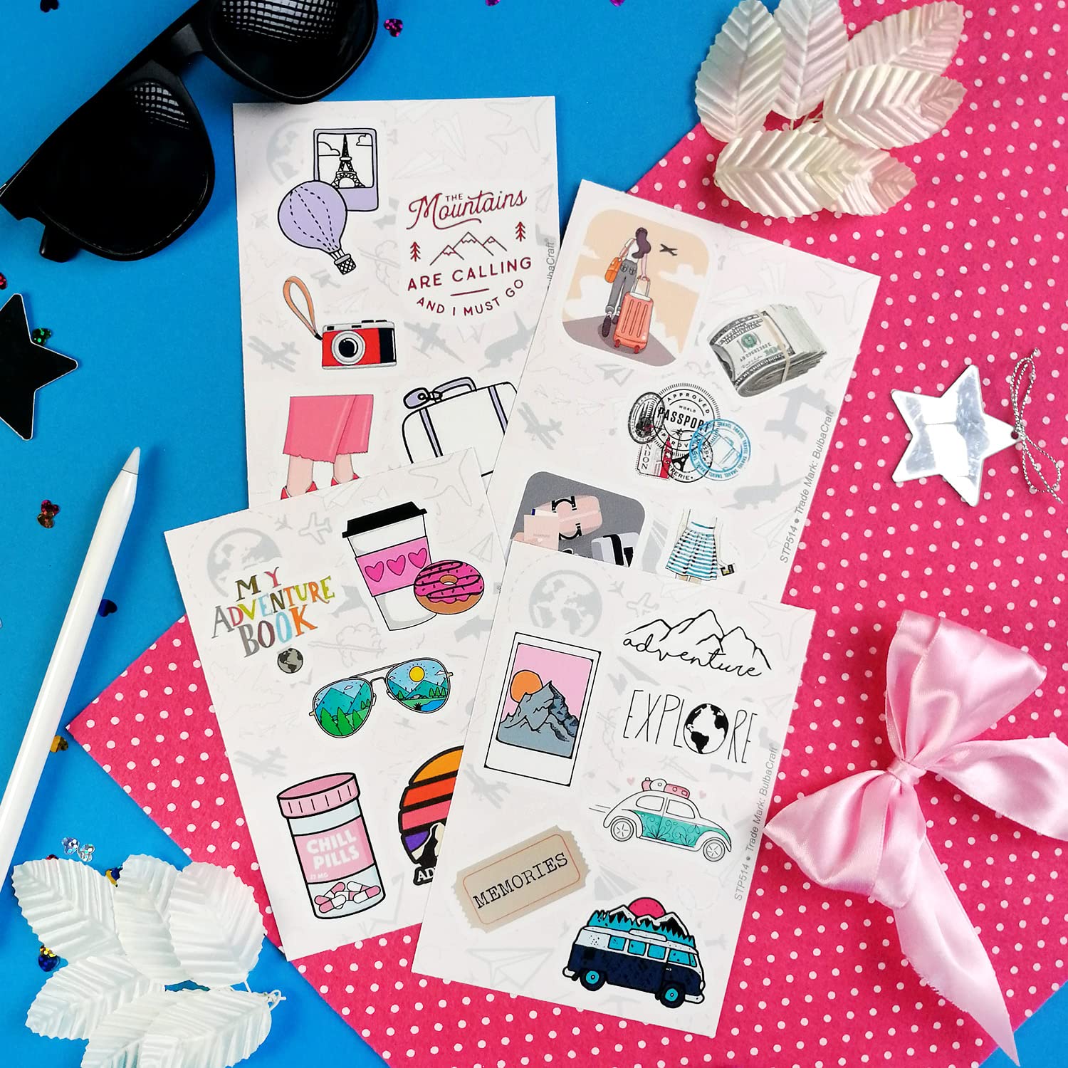 BulbaCraft 100Pcs Cute Travel Stickers for Girls - Waterproof Vinyl Decals for Water Bottles, Notebooks, Laptops & Luggage - Perfect for Travel Journals, Road Trips & Adventure Scrapbooking - Fun DIY Stickers for Suitcases, Planners & Gift Wrapping
