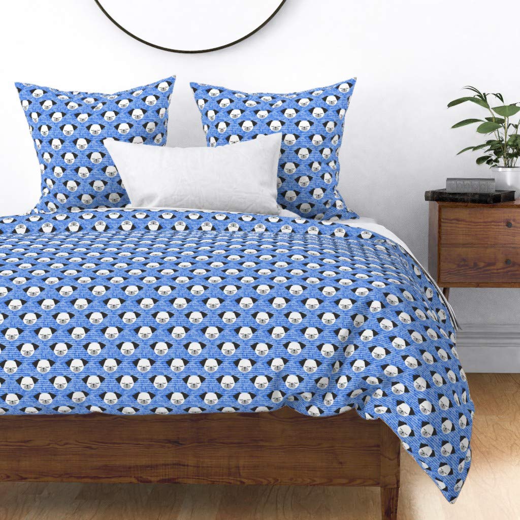 Cotton Sateen Duvet Cover Twin Size - Blue and White Striped Pug Dog Design for Nursery & Kids Room | Cute Puppy Pet Illustration Custom Bedding by Spoonflower | Perfect for Baby Boy's Bedroom Decor