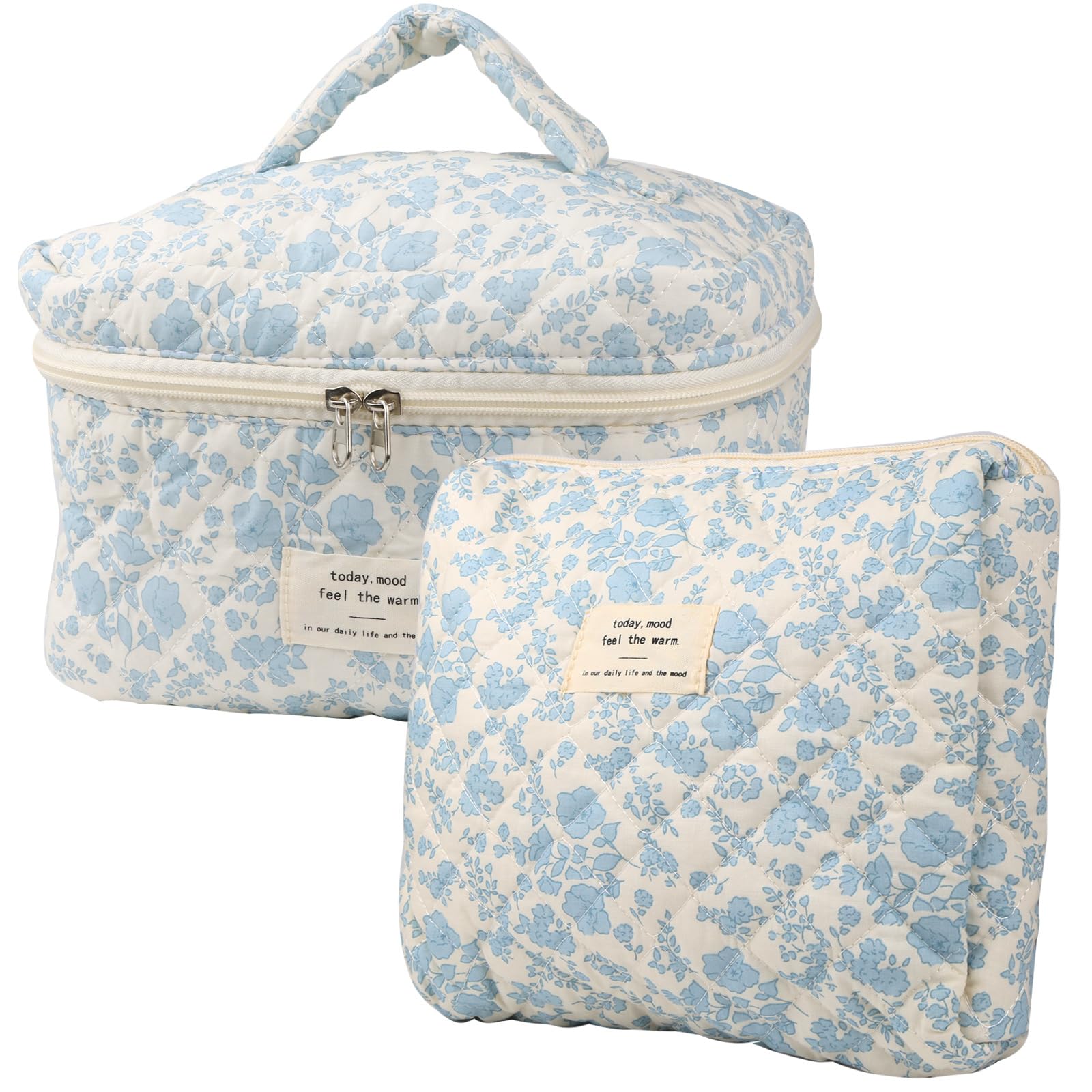 Cute Makeup Bag for Women (2 Pcs) - Quilted Floral Cosmetic Travel Organizer - Coquette Aesthetic Toiletry Bag for Purse, Gym & Vacation (Navy Blue Flower)