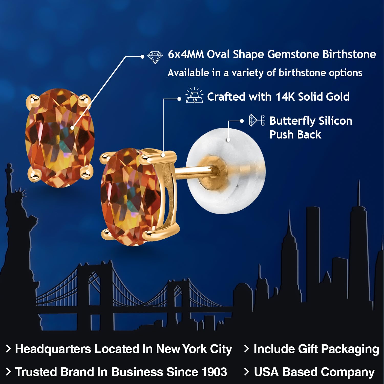 14K Gold Oval Gemstone Stud Earrings for Women & Men | 6x4mm Birthstone Jewelry | Fine Gifts for Her, Mom, Wife | Anniversary, Birthday, Valentine's Day Present