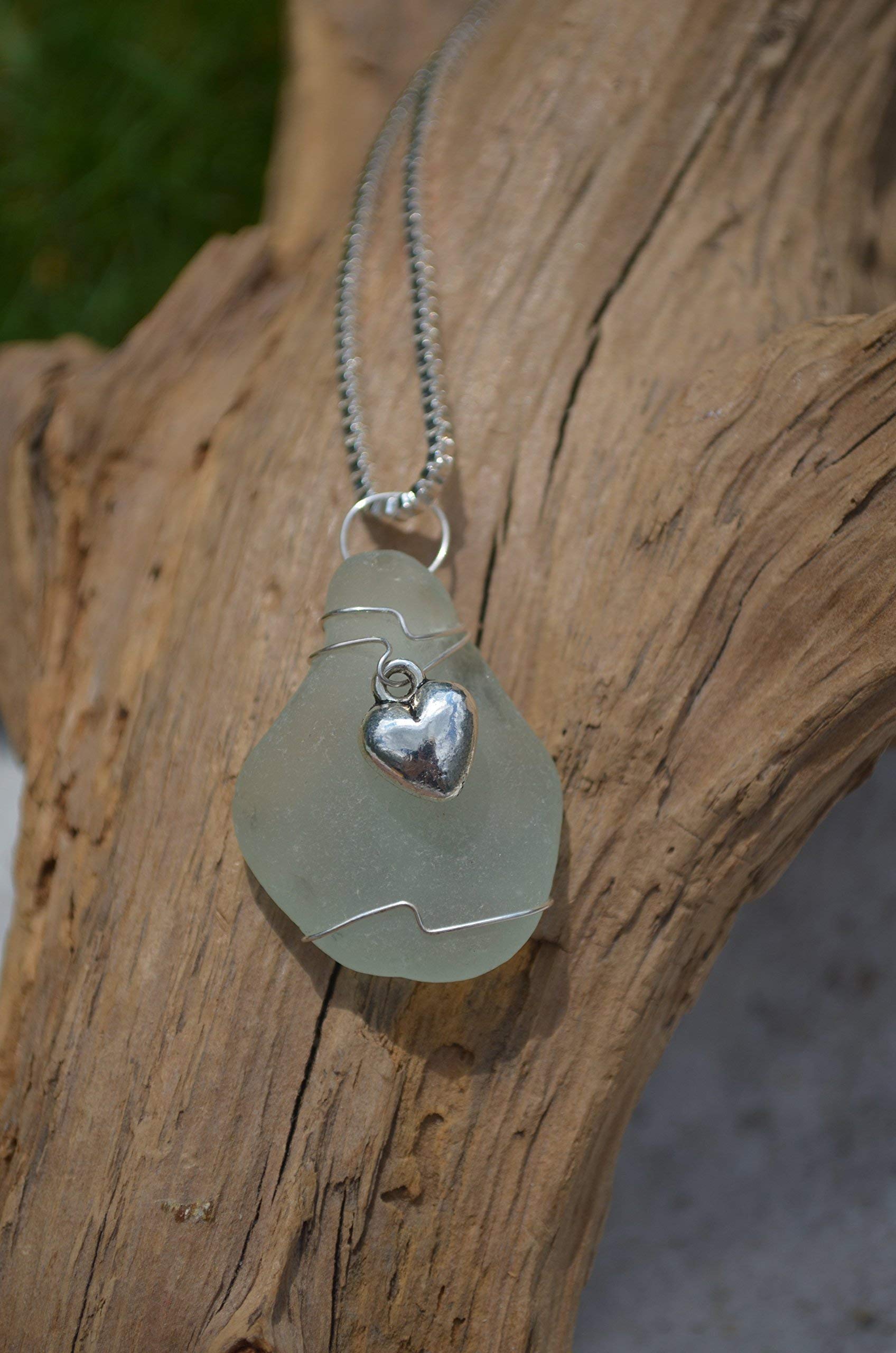 Authentic Aqua Sea Glass Necklace with Sterling Silver Heart Charm – Perfect for Beach Weddings, Boho Fashion & Gift Giving