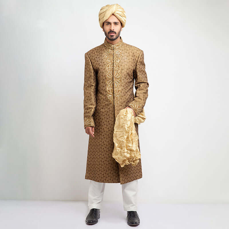 Antique Gold Brocade Silk Sherwani for Men | Elegant Indian Wedding Attire | Perfect for Grooms, Festivals & Special Occasions