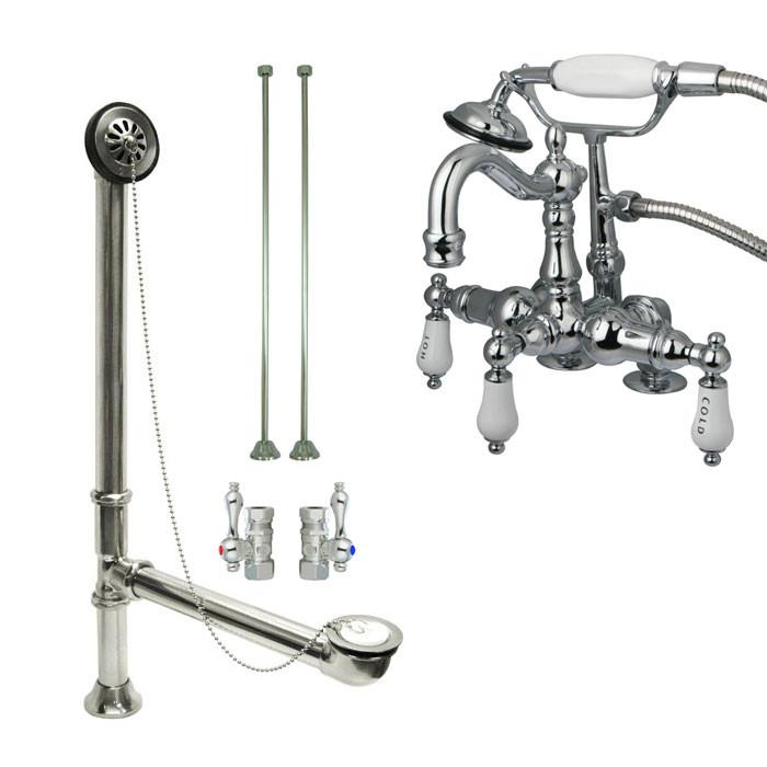 Chrome Deck Mount Clawfoot Tub Faucet with Hand Shower and Drain Stops - CC1018T1 System for Vintage Bathroom Renovation and Spa Experience