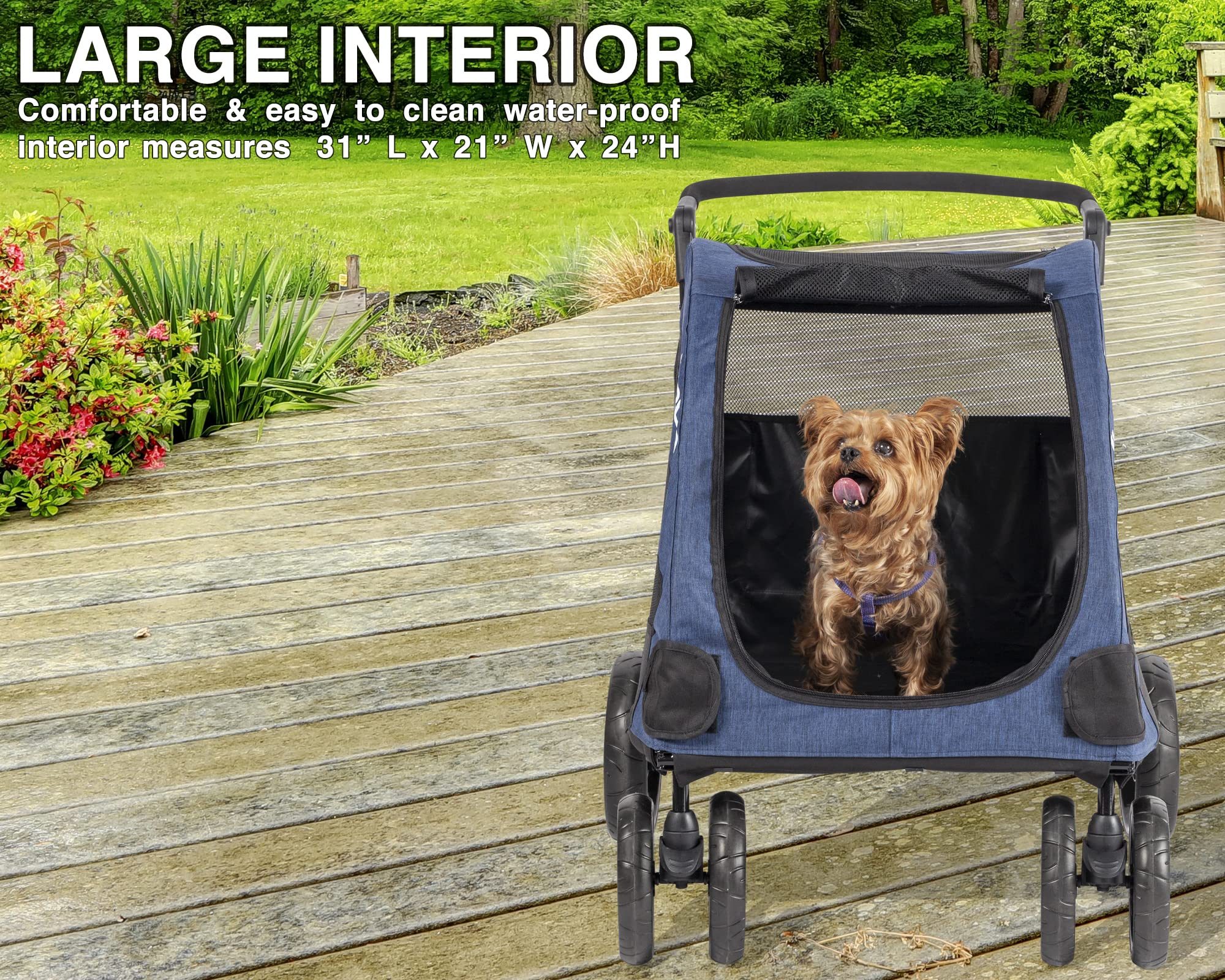 Vergo Blue Foldable Pet Stroller Wagon Cart - 4 Wheel Dog Stroller with Adjustable Handle & Zipper Entry, Mesh Skylight for Small to Large Dogs, Cats & Pets - Perfect for Park Walks, Shopping Trips & Outdoor Adventures