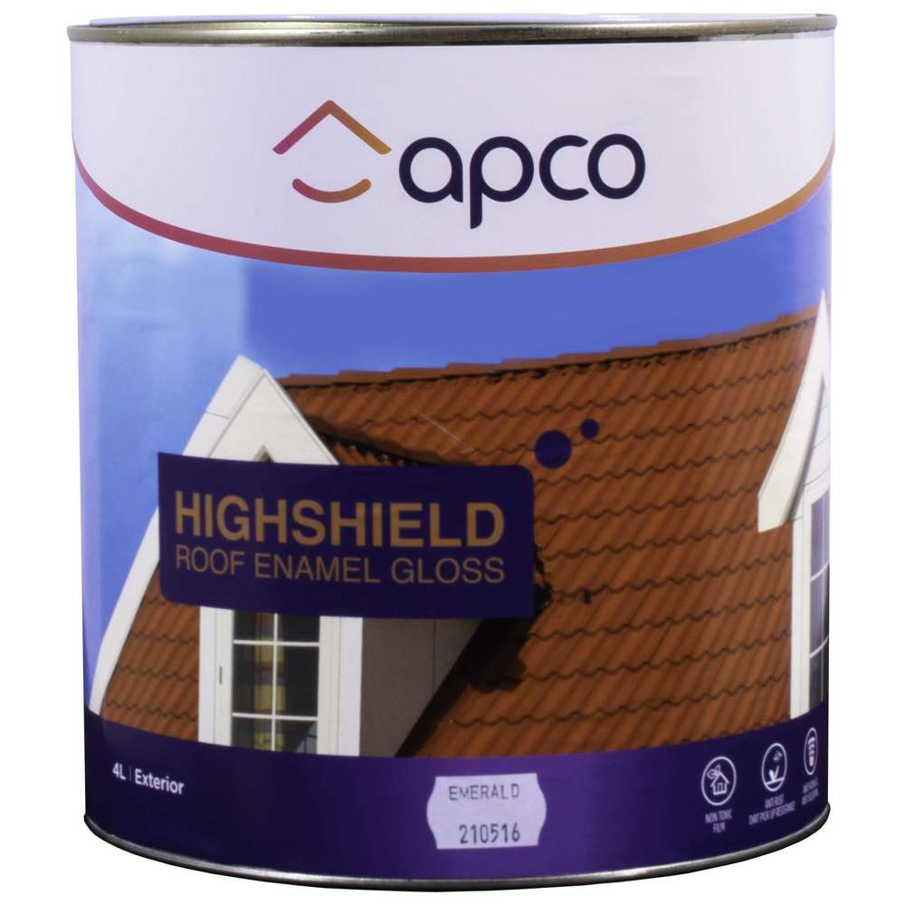 Apco Highshield Gloss Enamel Roof Paint - Emerald Green 4L (4.23 qt) | Weatherproof Protective Coating for Metal, Tile & Asphalt Roofs | Perfect for Home Exterior Protection & Waterproofing