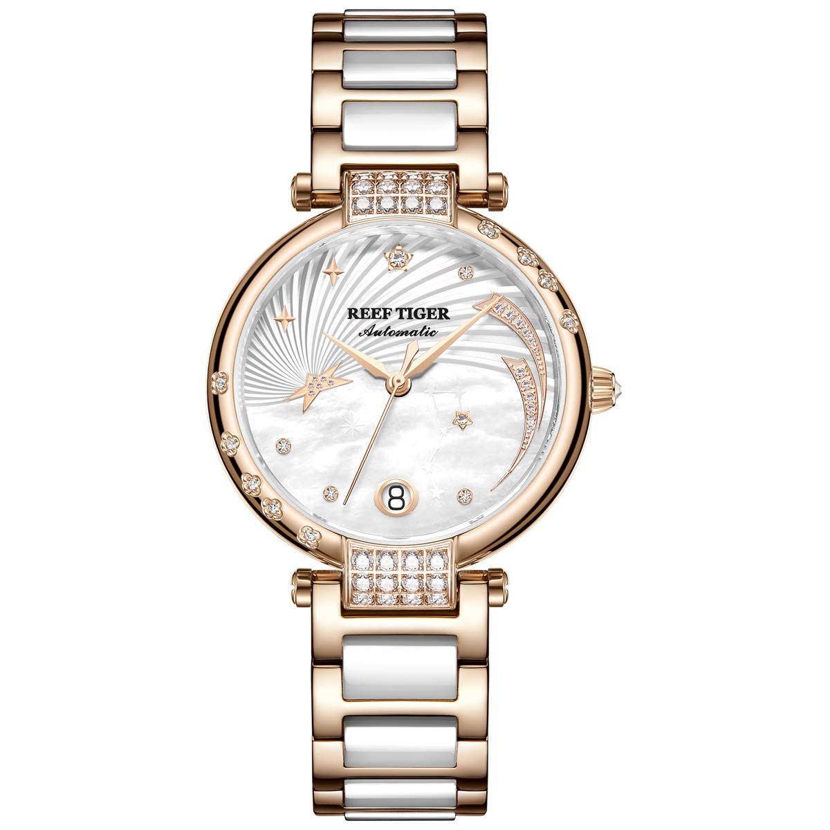 REEF TIGER Luxury Diamond Watch for Women - Automatic Ceramic Band for Elegant Occasions