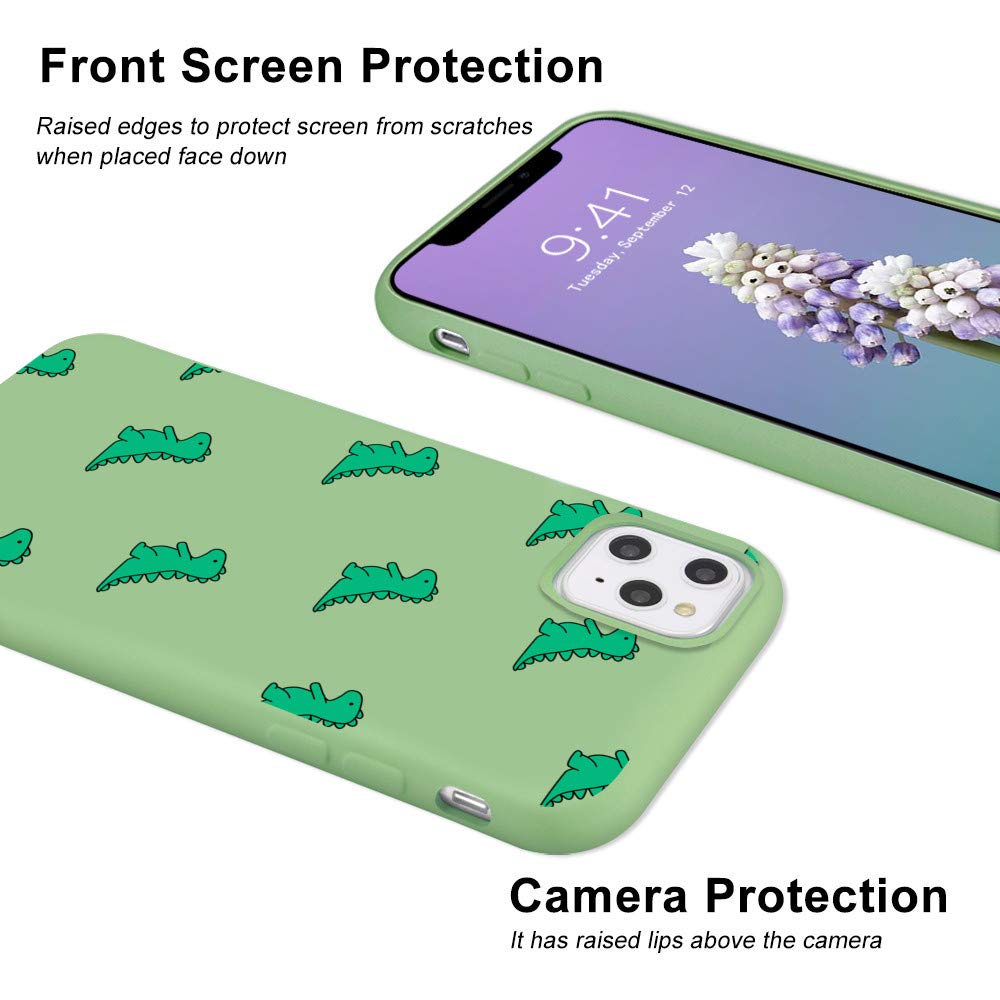 Durable Soft Liquid Silicone Rubber Phone Case for iPhone 11 - Cute Dinosaur Pattern, Mustard Green with Microfiber Lining | Shockproof Protective Cover for Everyday Use, Work & Travel
