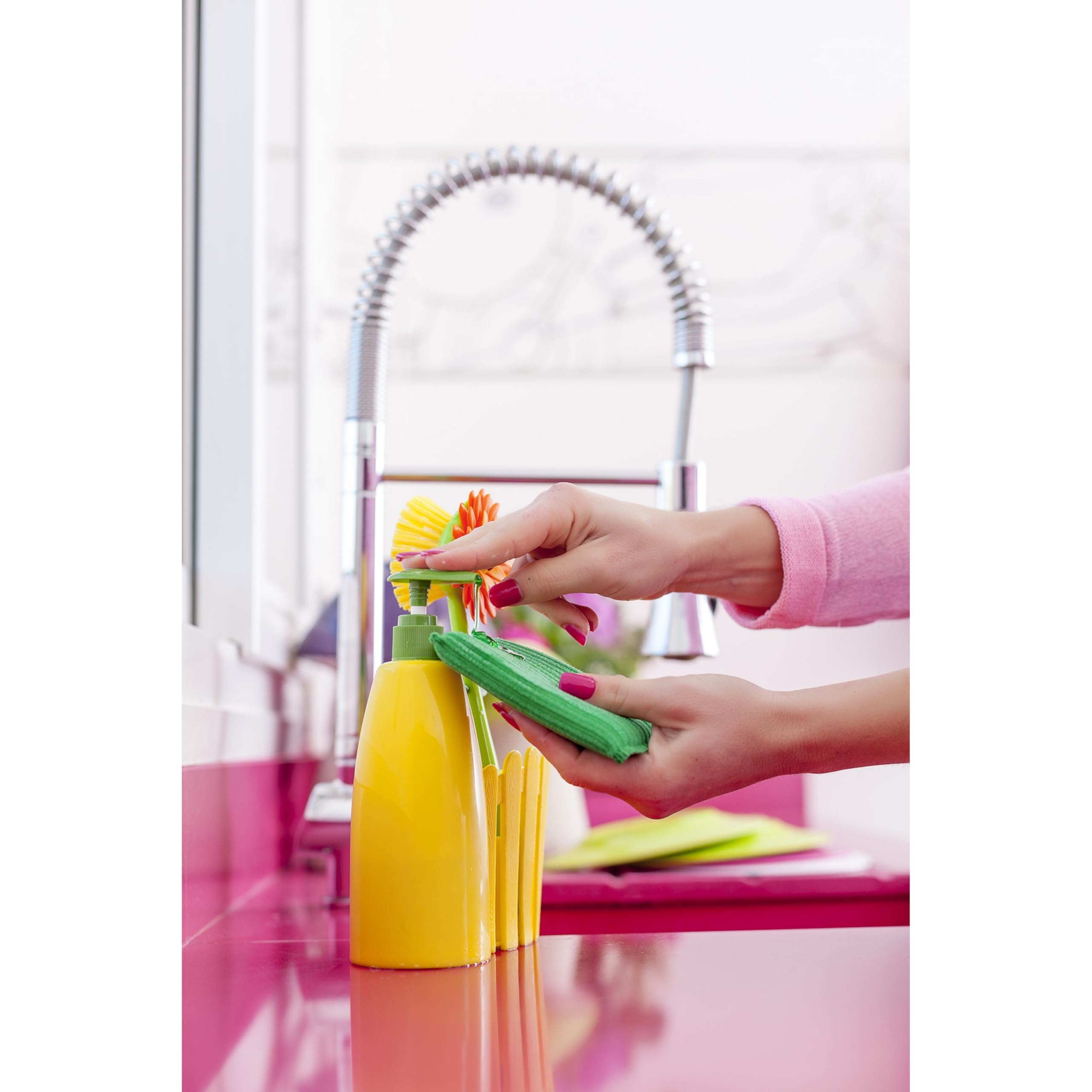 Vigar Flower Power Kitchen Soap Dispenser Set with Sponge Caddy & Dish Brush | Orange & Green Sink Organizer for Efficient Dishwashing