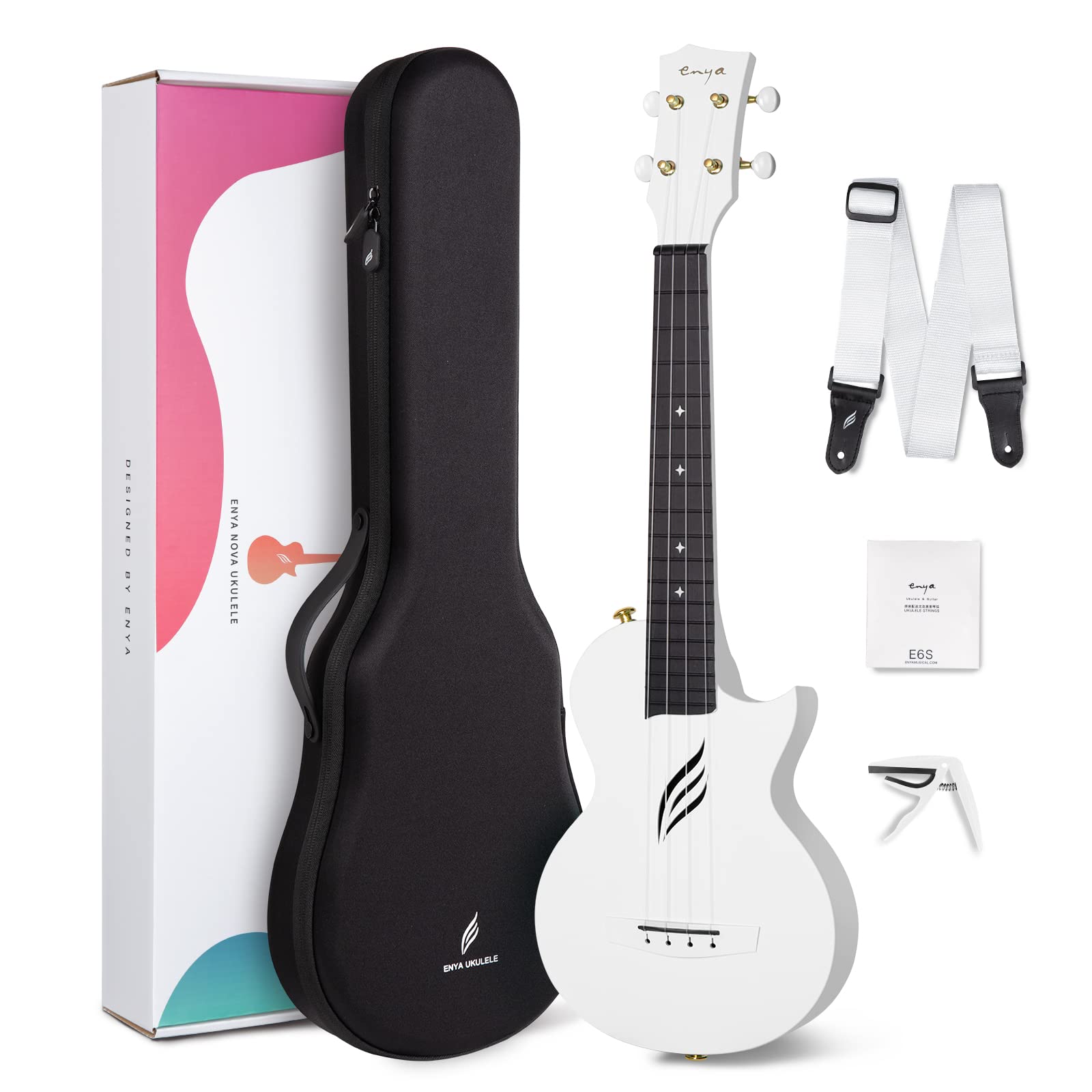 Enya Nova U 23'' Carbon Fiber Concert Ukulele - Professional Travel Ukulele with Beginner Kit (Includes Online Lessons, Case, Strap, Capo & Strings) - Perfect for Beginners, Travel & Outdoor Performances (White)