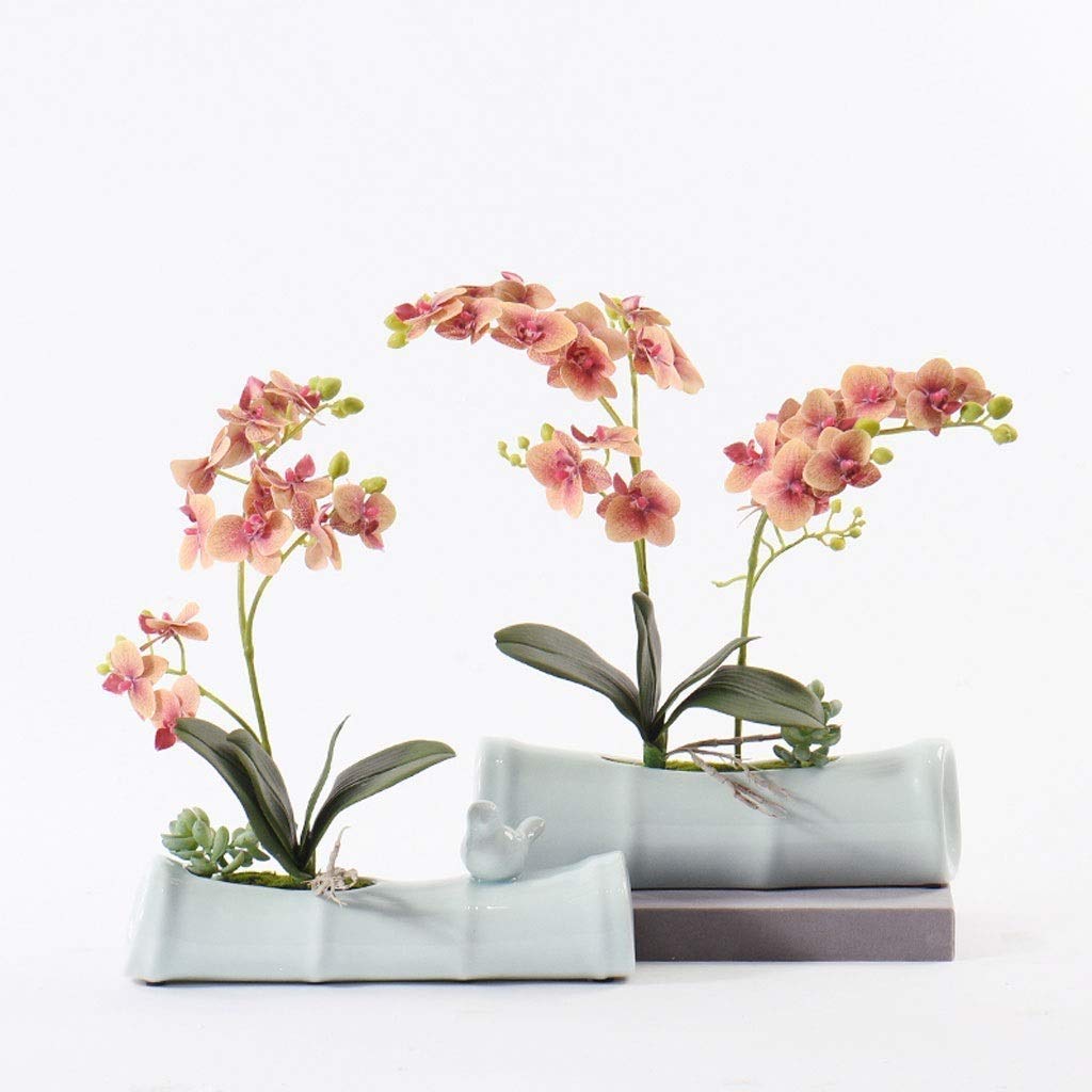 Real Touch Silk Orchid Bonsai Artificial Flowers - Phalaenopsis Fake Flowers in Imitation Porcelain Pots for Home & Office Decor | Perfect for Living Room, Wedding Centerpieces & Gift Ideas