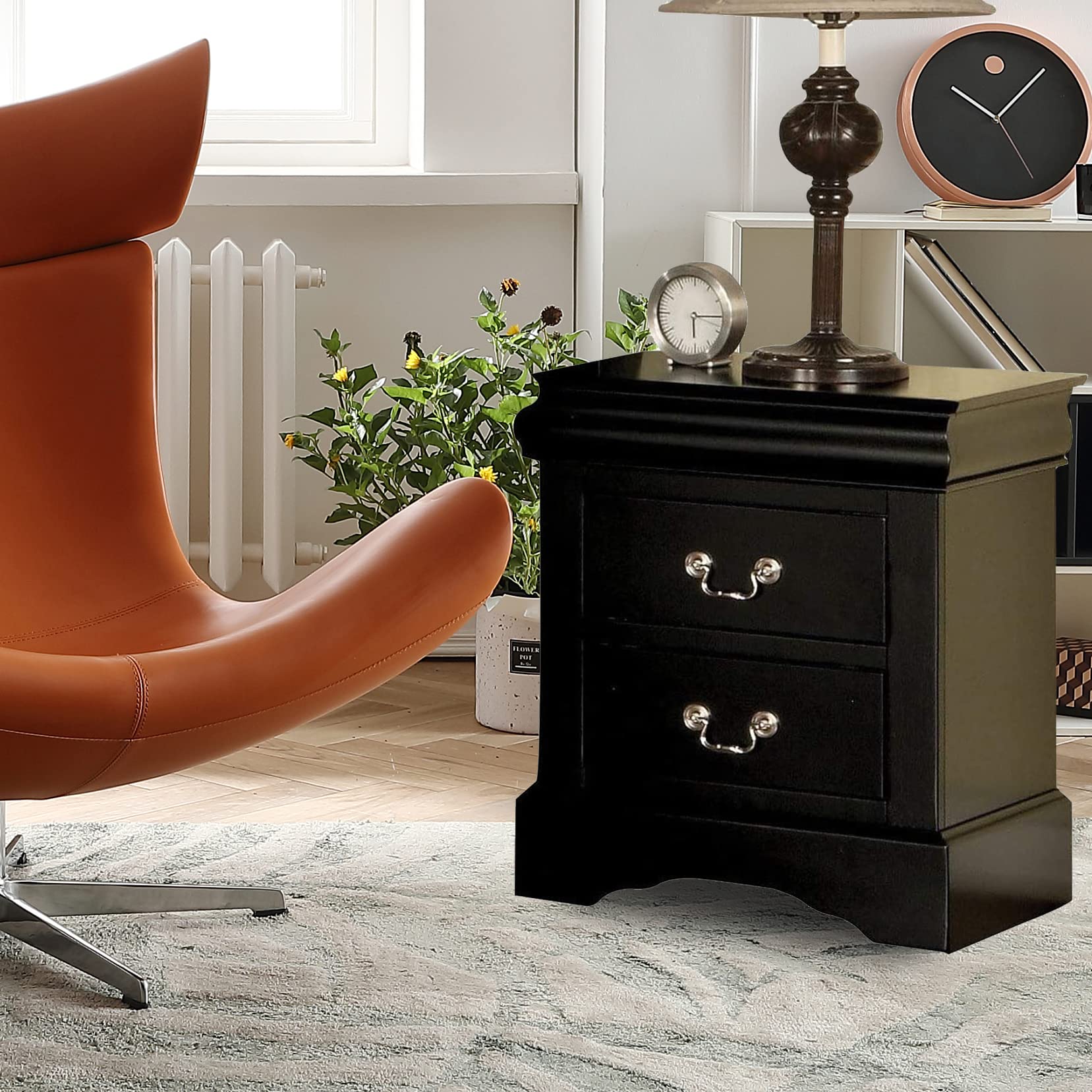 Henf Farmhouse 2-Drawer Nightstand - Solid Wood French Country Bedside Table with Storage, Fully Assembled Accent Cabinet for Bedroom, Living Room & Hallway | Perfect for Storing Books, Lamps & Bedroom Essentials (Black)