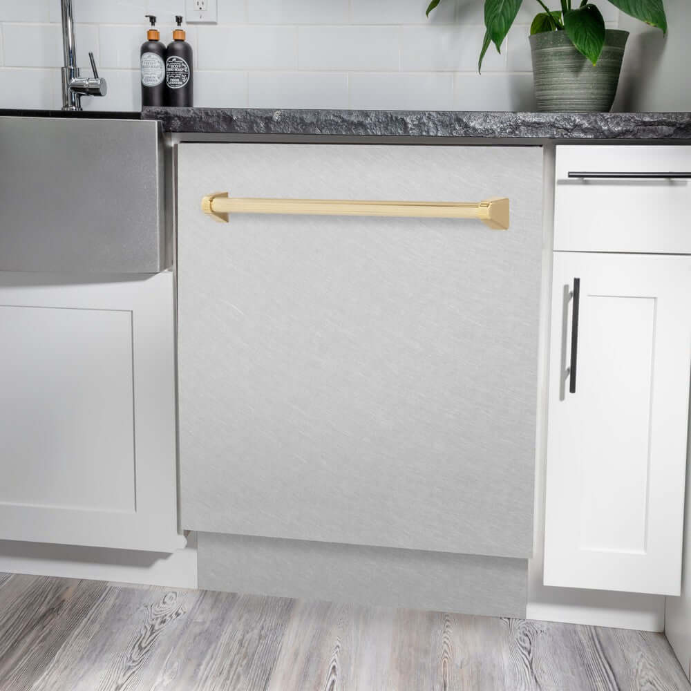 ZLINE Autograph Edition 24 Inch Built-In Dishwasher - Tallac Series with 3rd Rack, Top Control Panel, Satin Stainless Steel & Polished Gold Handle, Ultra Quiet 51dBa (DWVZ SN 24 G) - Perfect for Modern Kitchens, Luxury Homes & Open-Concept Living Spaces