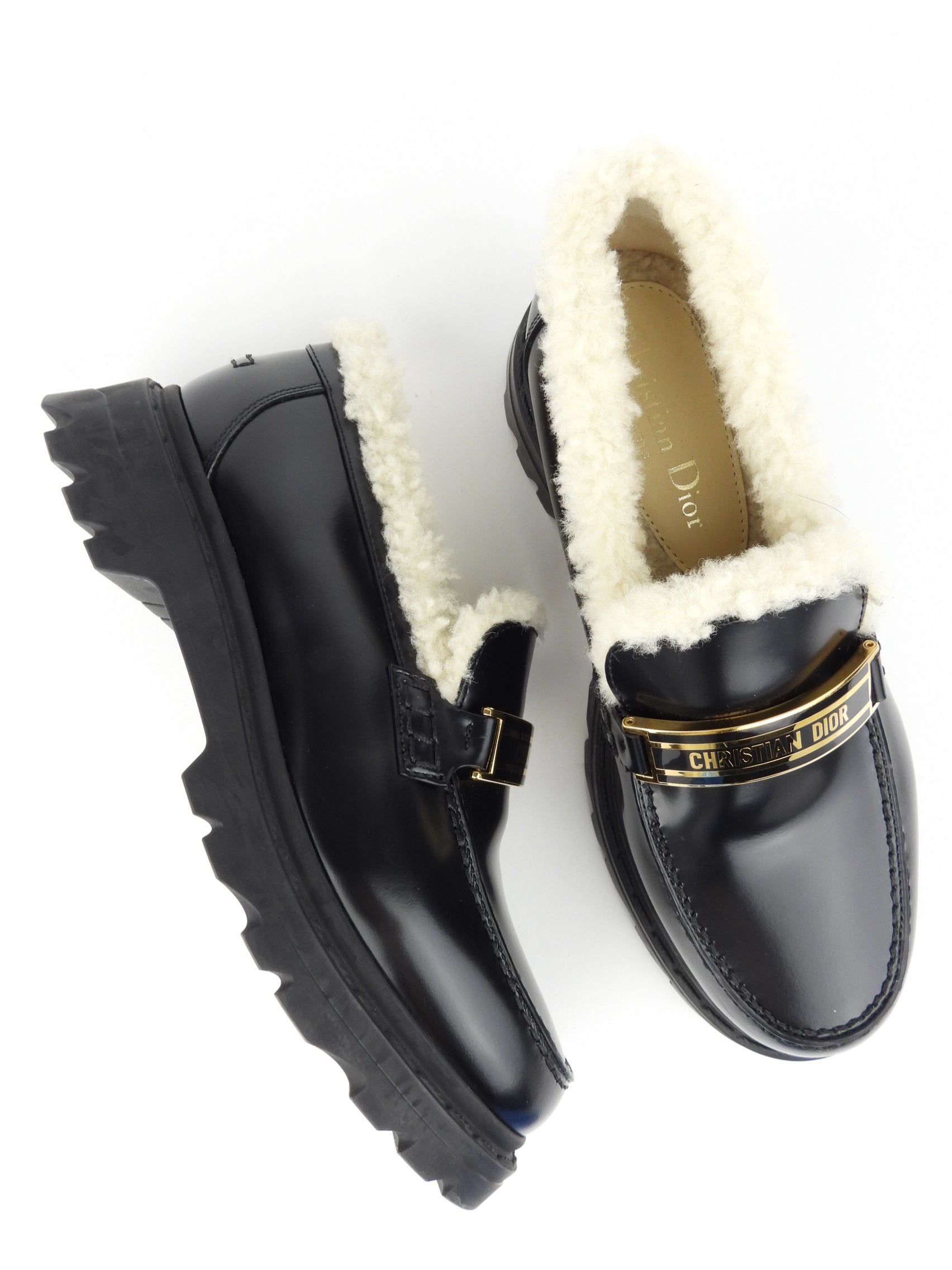 Christian Dior Black Brushed Calfskin Leather Shearling Loafers - Dior Code Slip-On Shoes Women's Size 36.5 | Luxury Designer Loafers for Office, Party & Casual Wear