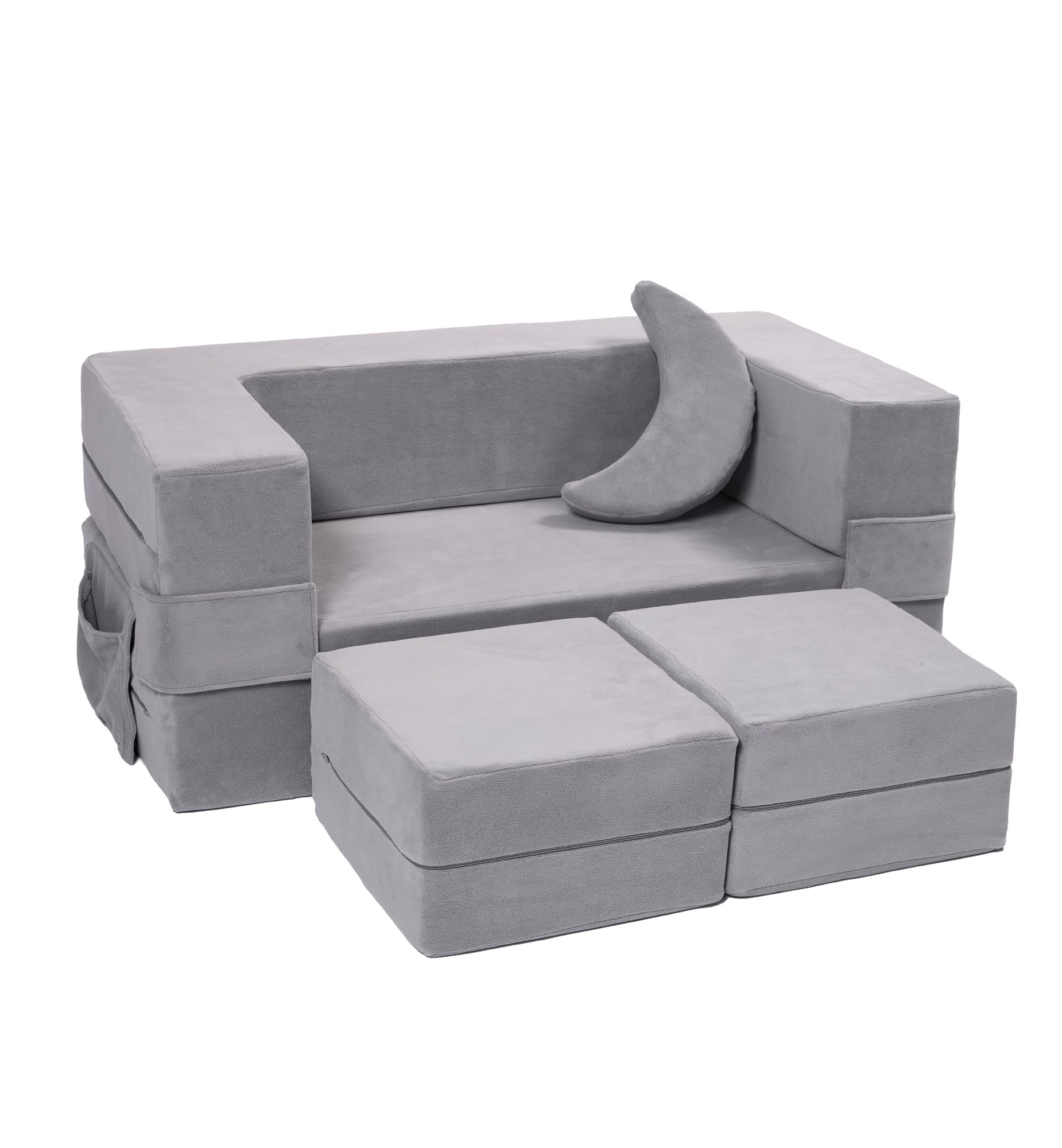 Modular Kids Sofa - Convertible Toddler Couch with Foam Armchair, Foldable Plush Sofa Bed Play Set for Boys & Girls (Grey) - Perfect for Playrooms, Bedrooms & Nap Time