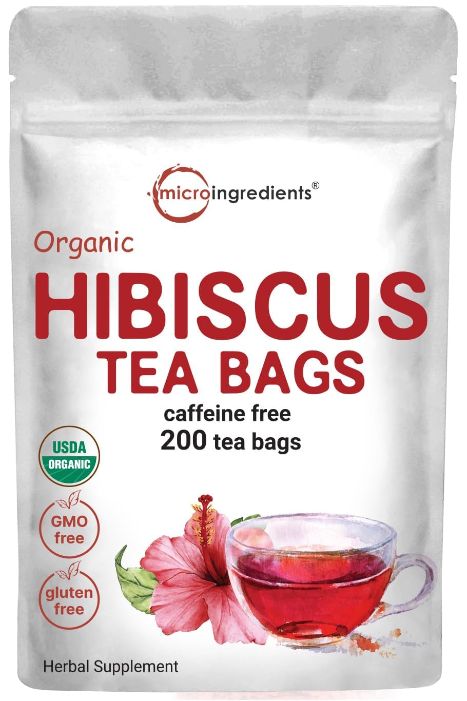 Organic Hibiscus Tea Bags, 200 Count - Premium Herbal Tea for Relaxation & Wellness | Caffeine-Free, Non-GMO, Sugar-Free | Eco-Friendly Hemp Paper Tea Bags - Perfect for Iced Tea, Detox & Daily Hydration