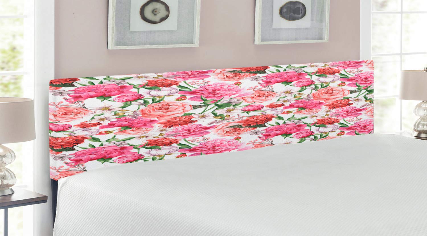 Ambesonne Watercolor Flower Headboard - Victorian Floral Pattern with Peonies & Roses, Upholstered Decorative Metal Bed Headboard with Memory Foam, King Size (White Pink Blush) - Perfect for Master Bedroom Decor & Victorian Style Home Interiors