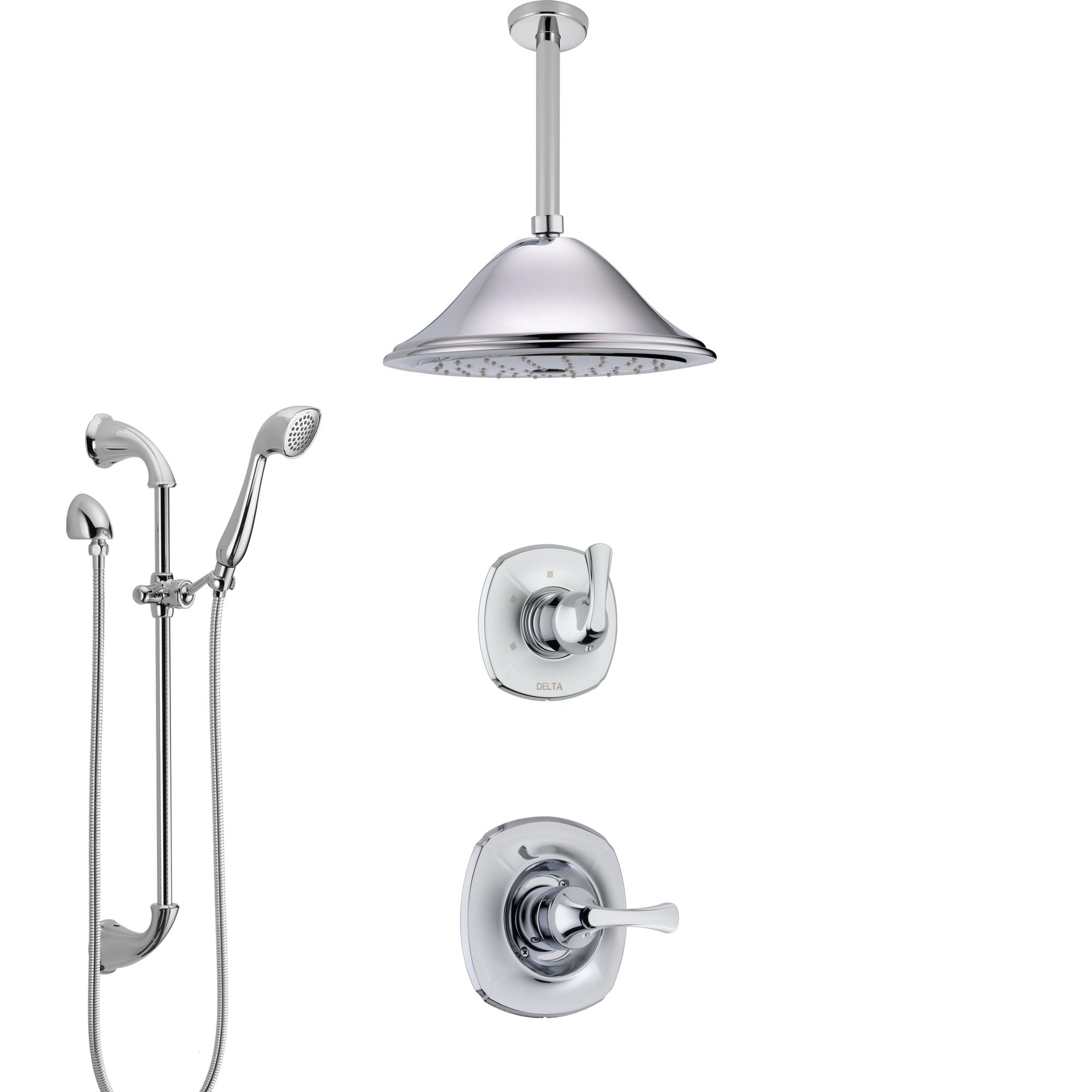 Delta Addison Chrome Finish Shower System - 3-Function Diverter, Ceiling Mount Rainfall Showerhead & Adjustable Hand Shower with Slide Bar (Model SS14921) | Perfect for Modern Bathroom Renovations & Spa-Like Showering Experience