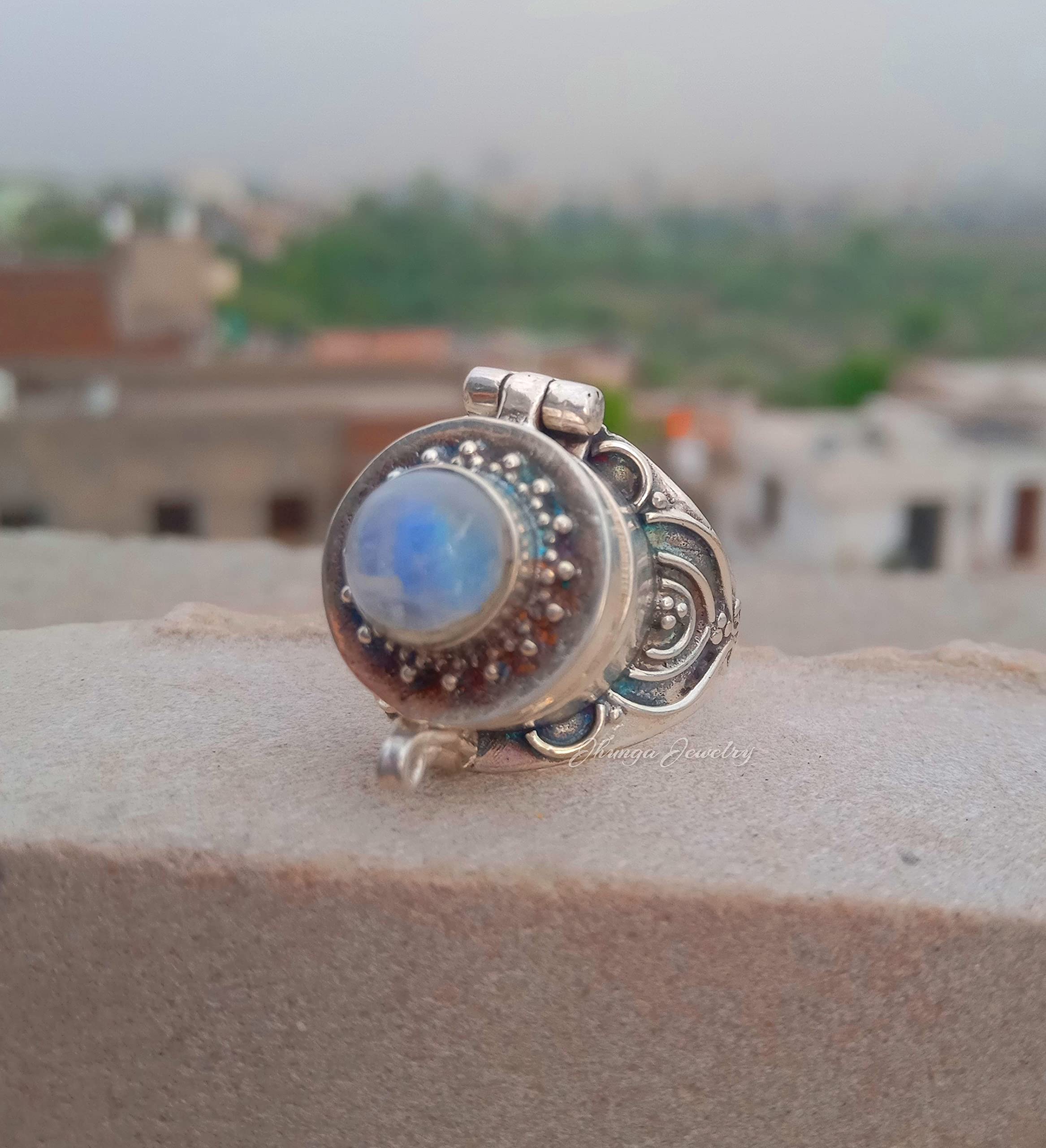 Handmade 925 Sterling Silver Rainbow Moonstone Poison Ring - Secret Box Ring with Peridot Gemstone, Openable Small Pill Box Ring for Medicine Storage | Perfect for Gothic Fashion, Cosplay & Unique Jewelry Gifts