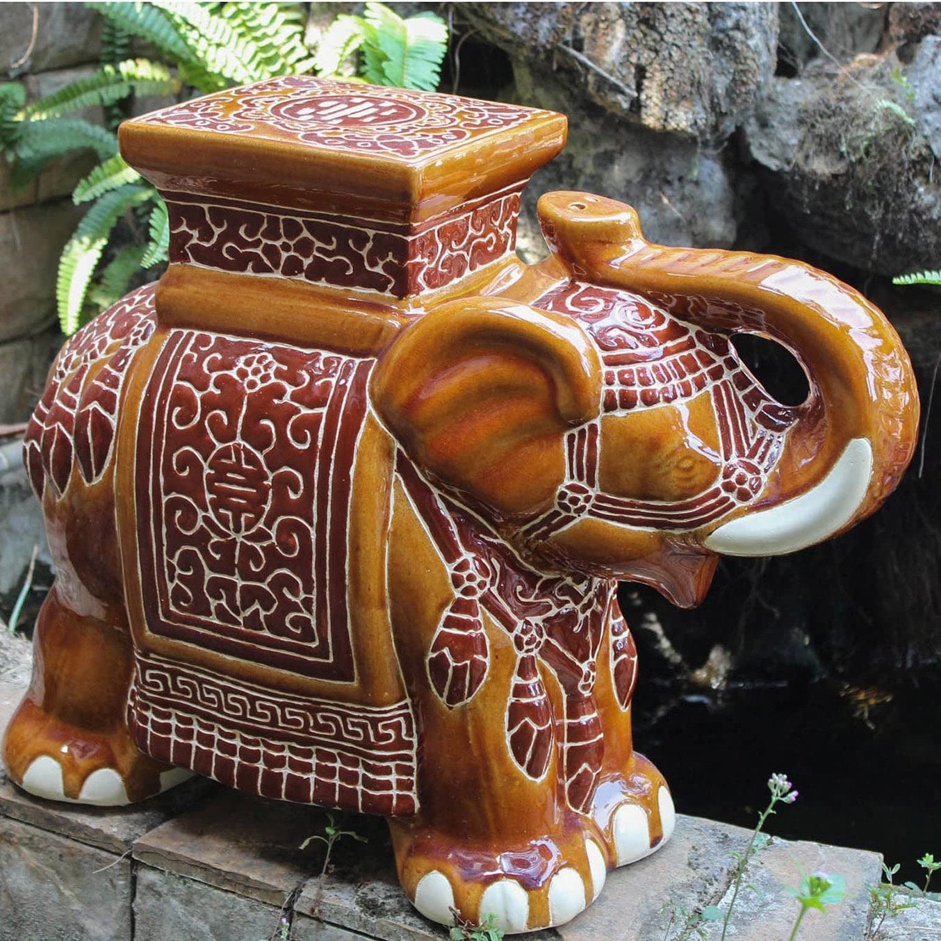 Large Porcelain Elephant Stool - Handcrafted Decorative Furniture Piece for Home & Garden - Perfect for Living Room, Patio, or Boho Decor
