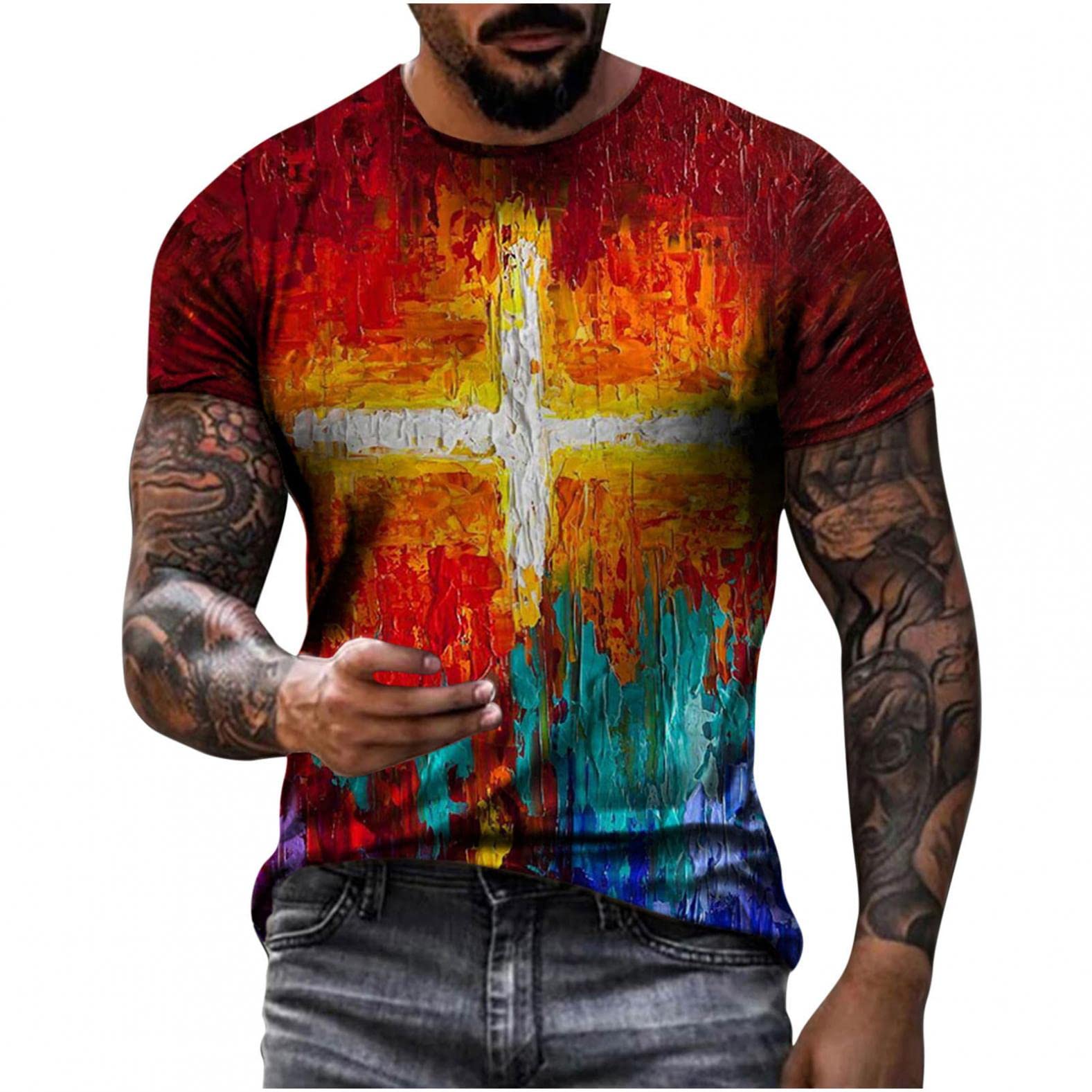 Men's Christian Cross Graphic T-Shirt - Jesus Faith Print Casual Short Sleeve Crew Neck Tee | Church Wear, Bible Study, Religious Events & Everyday Outfits