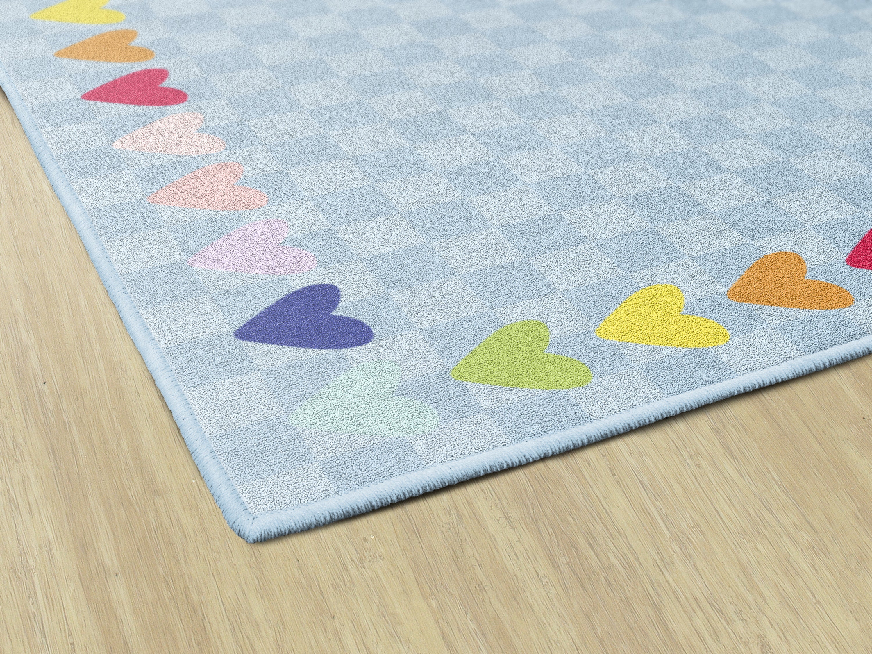 Blue with Rainbow Hearts Border Rug - Soft Playroom & Classroom Mat for Kids - Perfect for Nursery, Daycare, and Home Decor