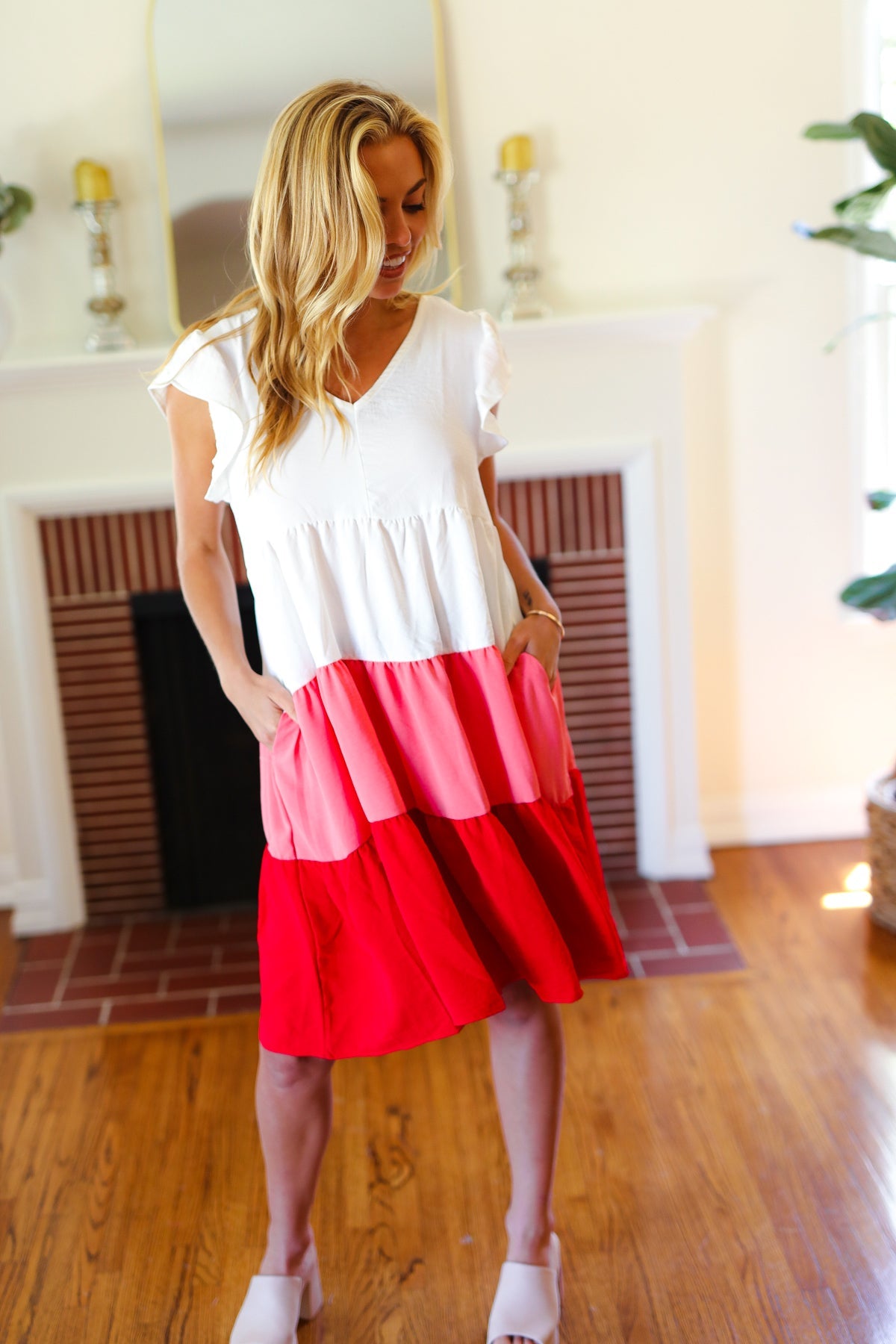 Peach & Cherry Red Tiered Frill Sleeve Midi Dress - Elegant Summer Party & Wedding Guest Outfit