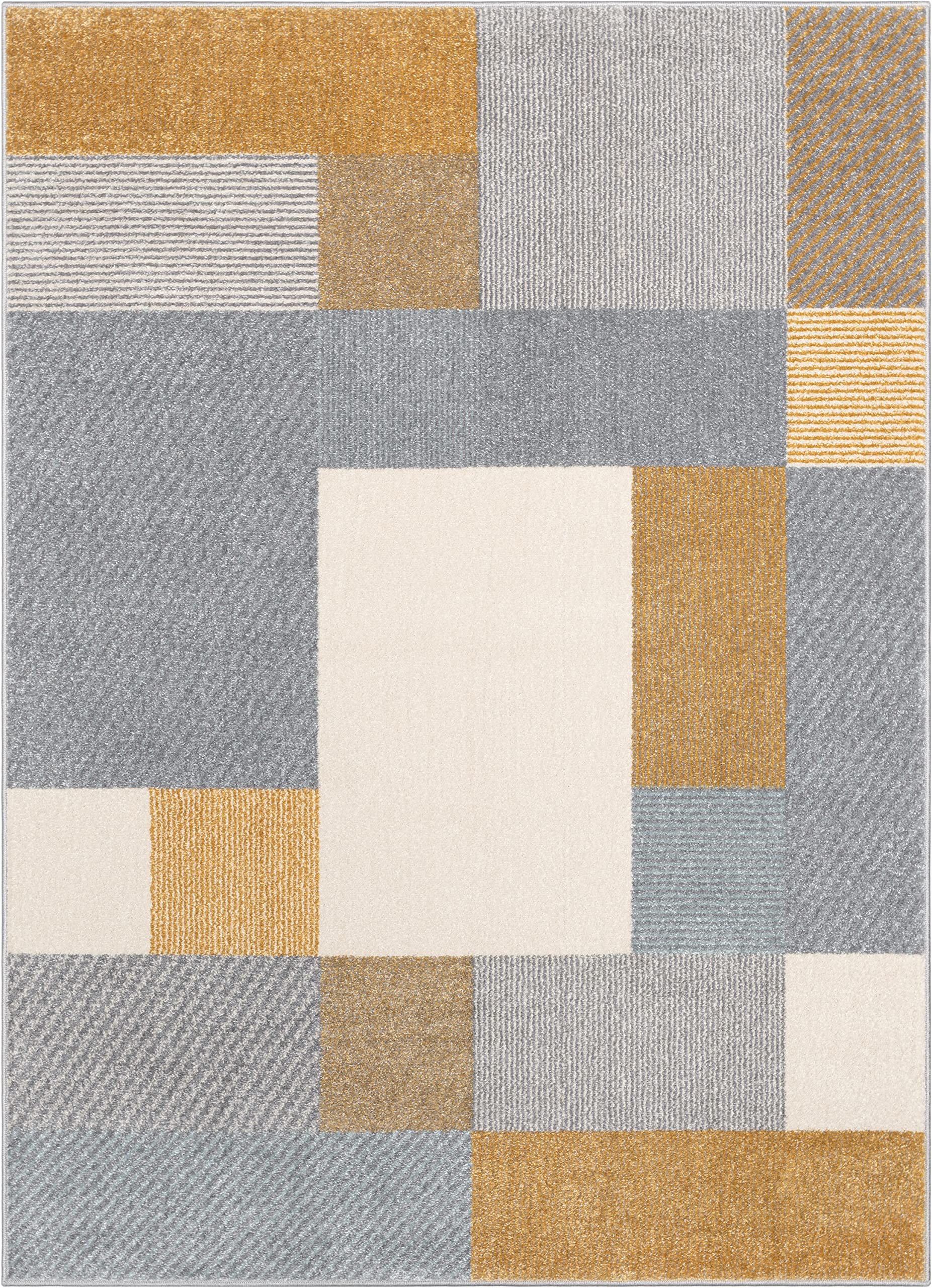 Well Woven Welma Yellow Grey Modern Geometric Boxes & Stripes Pattern 8x10 Area Rug (7'10