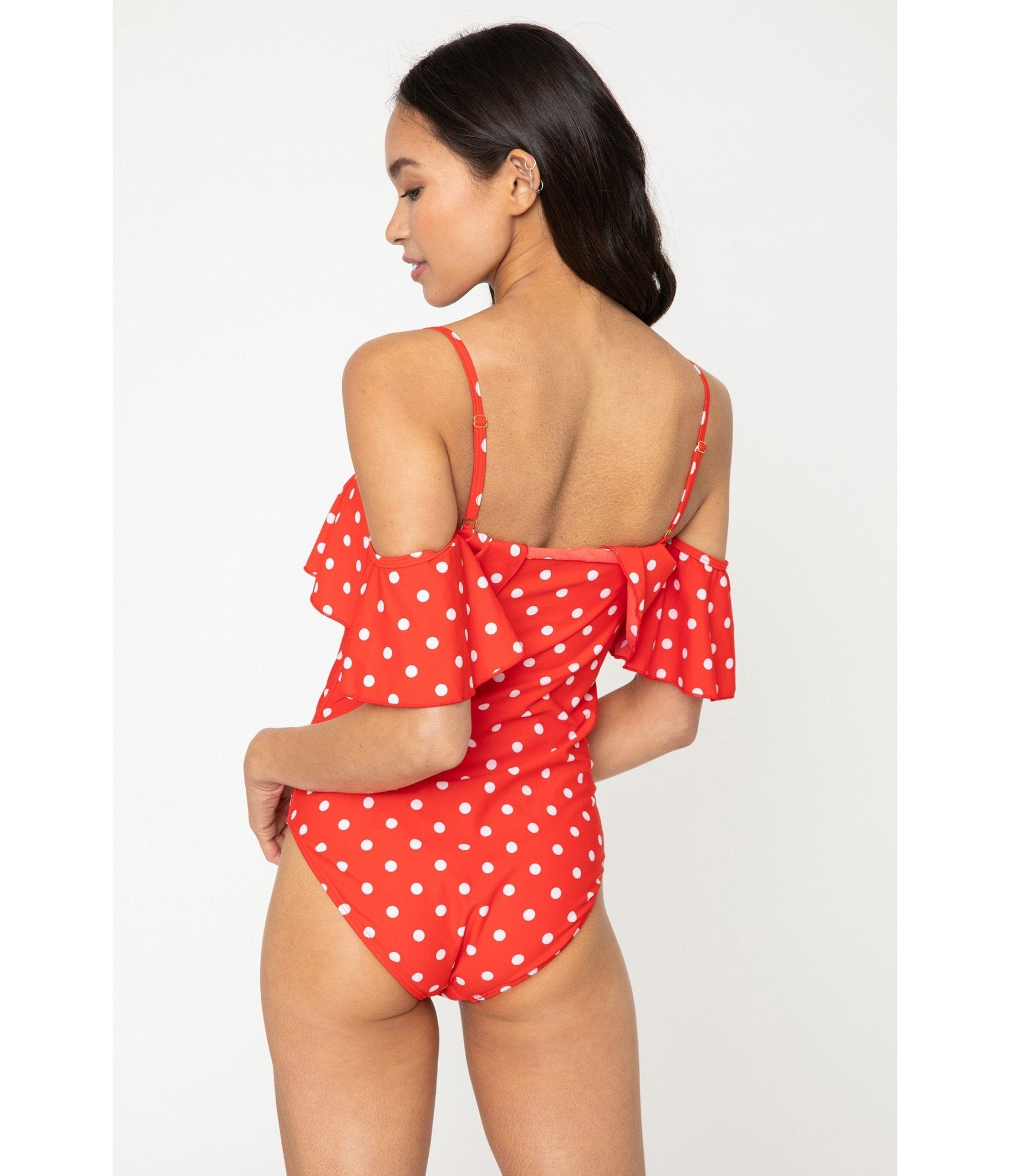 Marina West Red & White Polka Dot Off The Shoulder Ruffle One Piece Swimsuit | Women's Sexy Summer Bathing Suit | Perfect for Beach Vacations, Pool Parties & Tropical Getaways