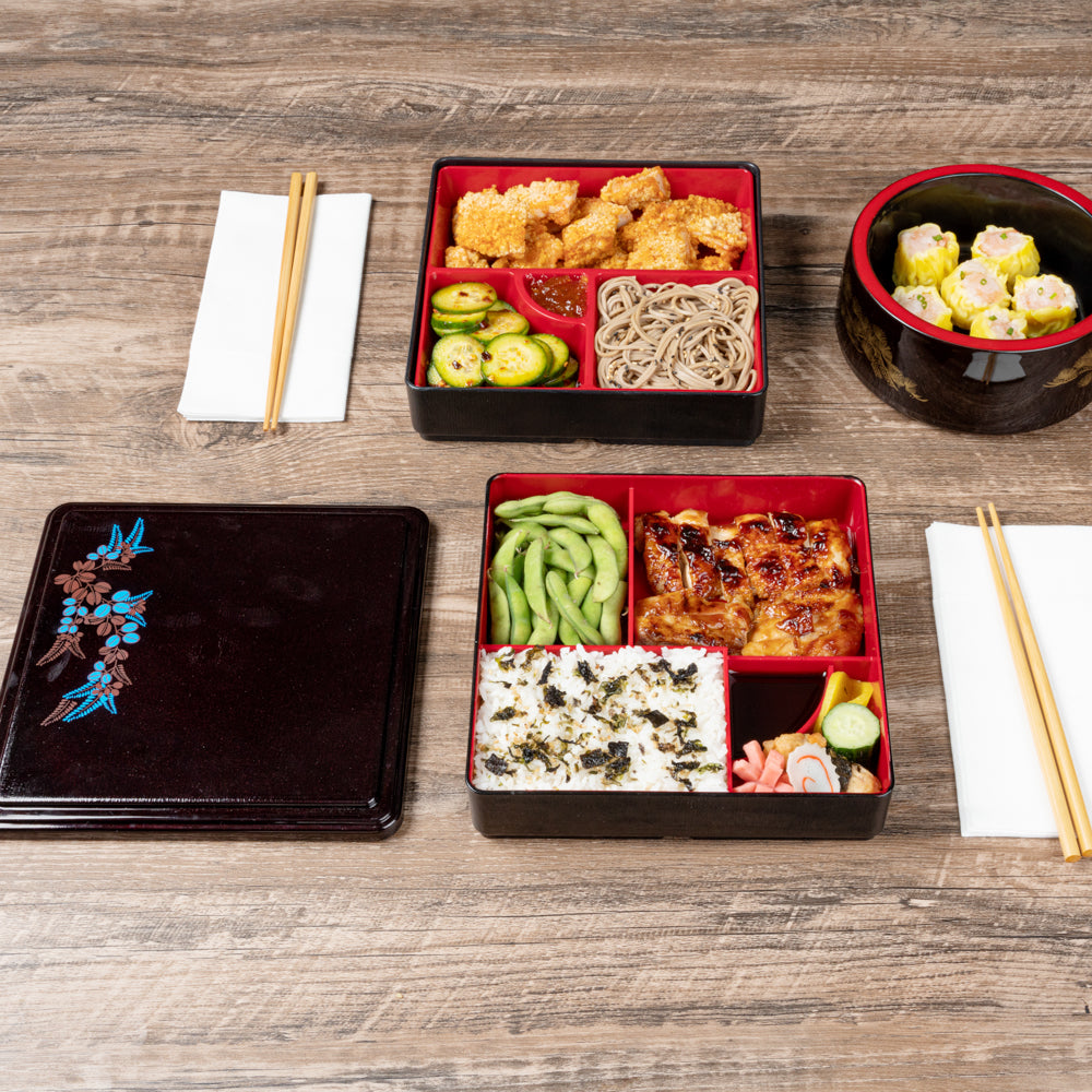 Premium Japanese Bento Box - 5 Compartment Black & Red Lunch Container (8.25