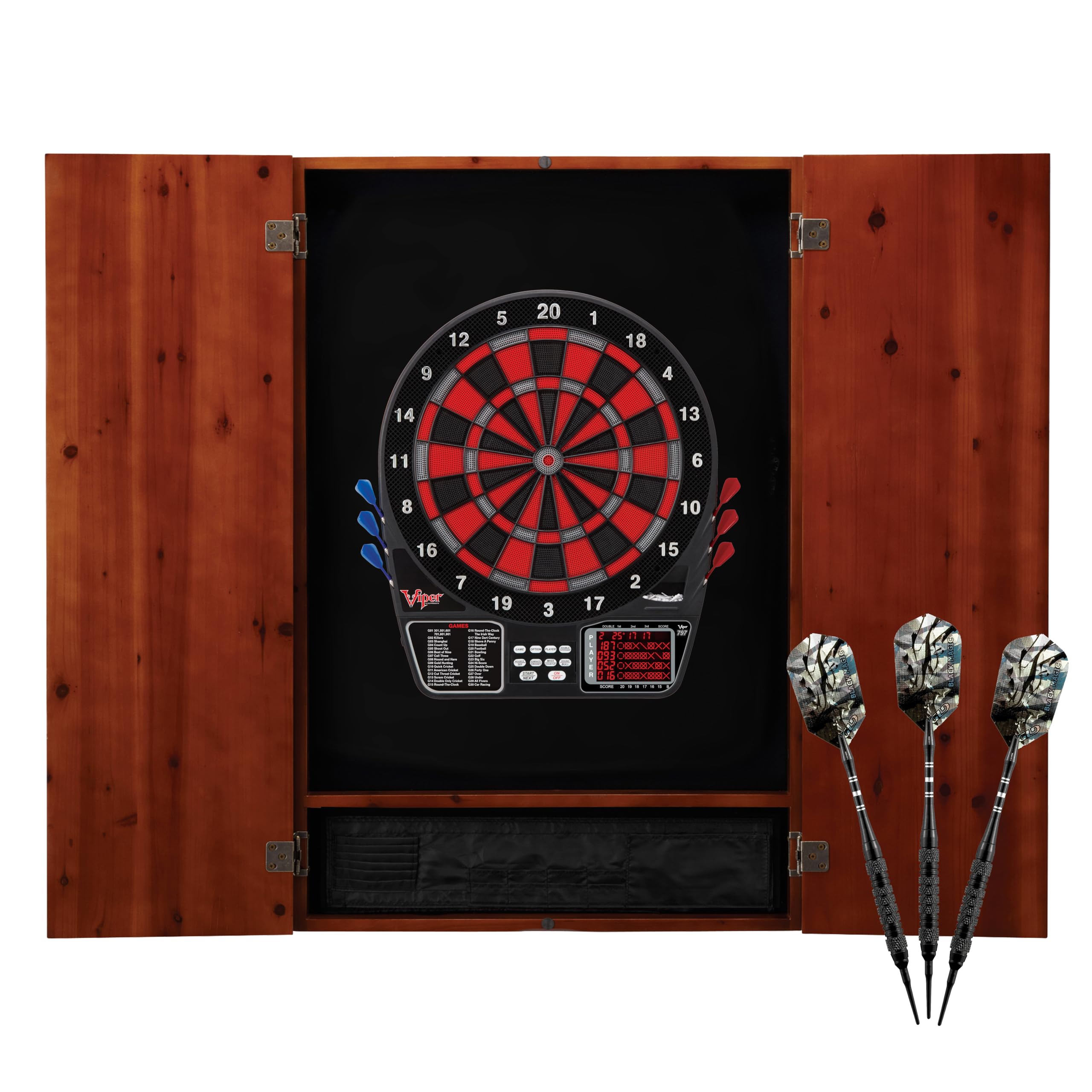 Premium Viper Metropolitan Solid Wood Dartboard Cabinet with Electronic Dartboard - Ready-to-Play Bundle Includes 2 Sets of Soft-Tip Darts & Integrated Storage - Multiple Stain Options - Perfect for Game Rooms, Bars, and Home Entertainment