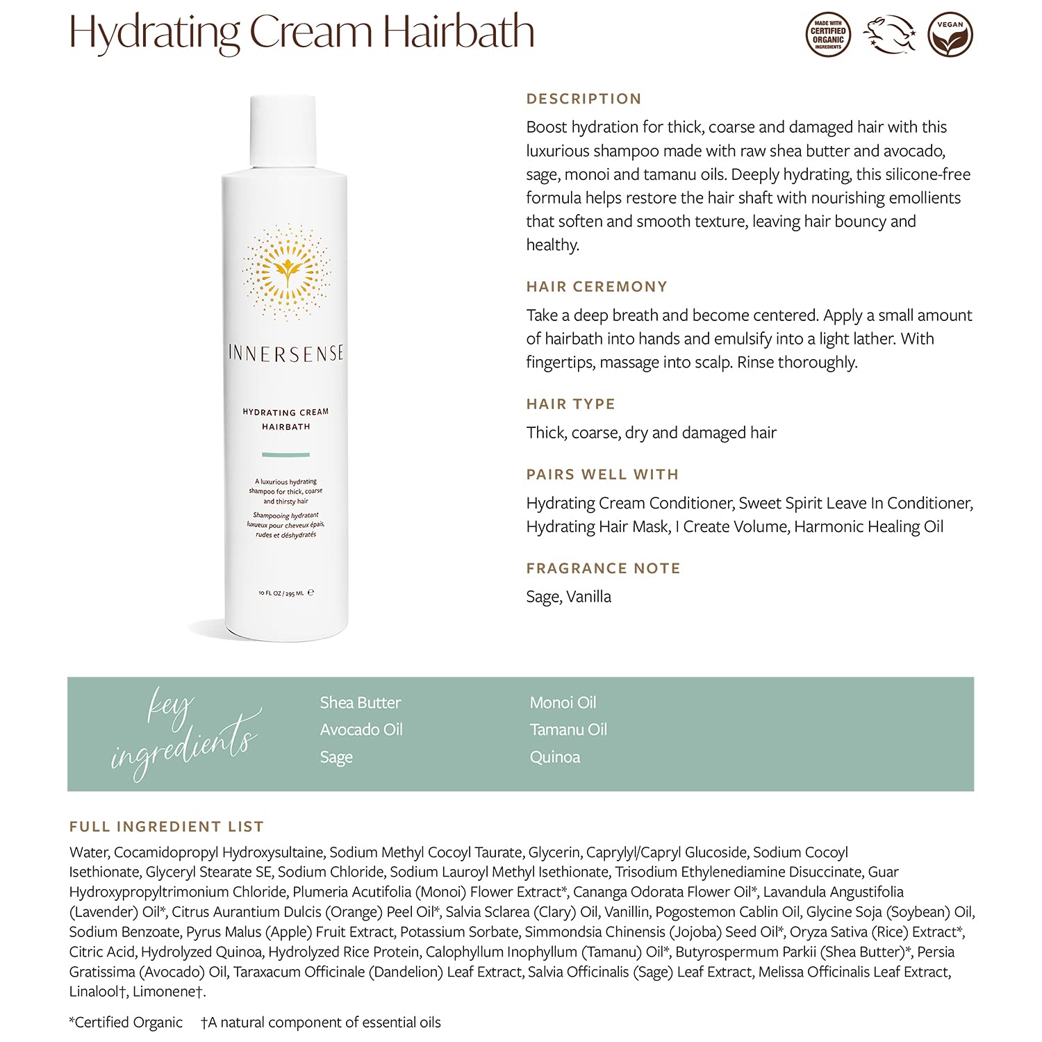 INNERSENSE Organic Beauty Hydrating Hairbath Shampoo & Cream Conditioner Set - 10oz | Natural, Non-Toxic, Cruelty-Free, Vegan Hair Care for Dry, Damaged Hair | Perfect for Daily Moisturizing & Color-Treated Hair
