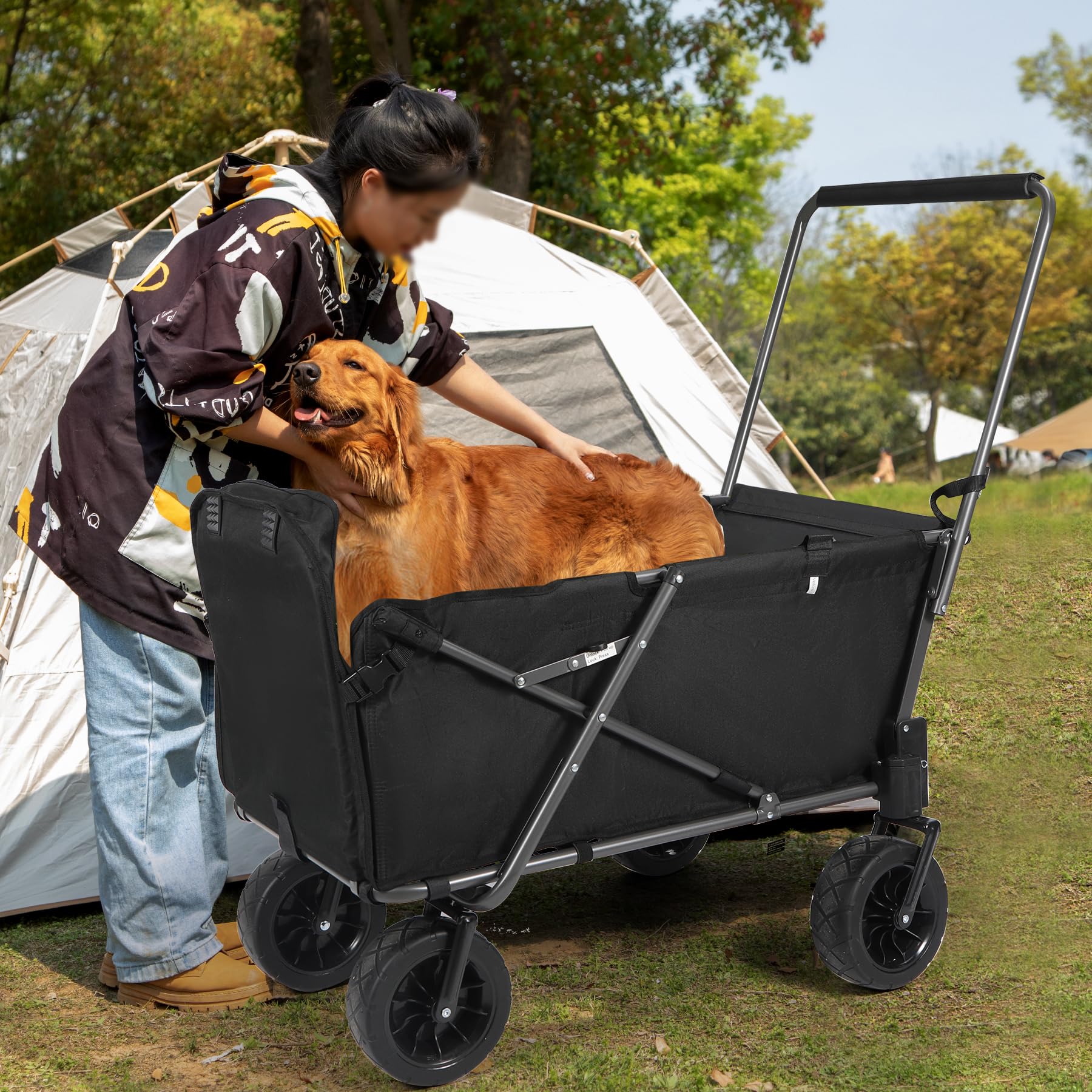 **REDCAMP Heavy Duty Folding Dog Wagon Cart - 220L Large Collapsible Utility Cart with Extendable Rear Tailgate for Pets, Sports & Shopping - Black | Perfect for Outdoor Adventures, Beach Trips & Grocery Hauling**