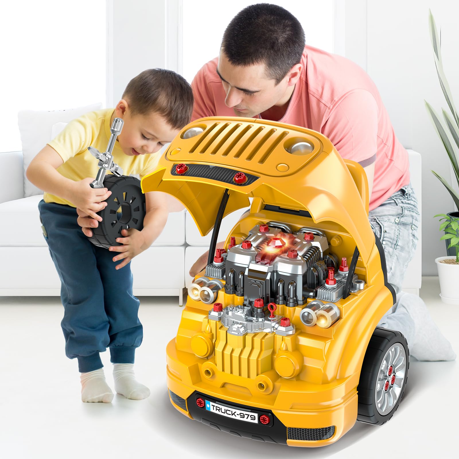 SpringFlower Kids Mechanic Repair Toy Set - Large Take Apart Truck Engine & Vehicle Builder Kit | STEM Learning Toys for Boys Ages 3-8 | Pretend Play Car Service Station for Birthday Gifts & Early Education