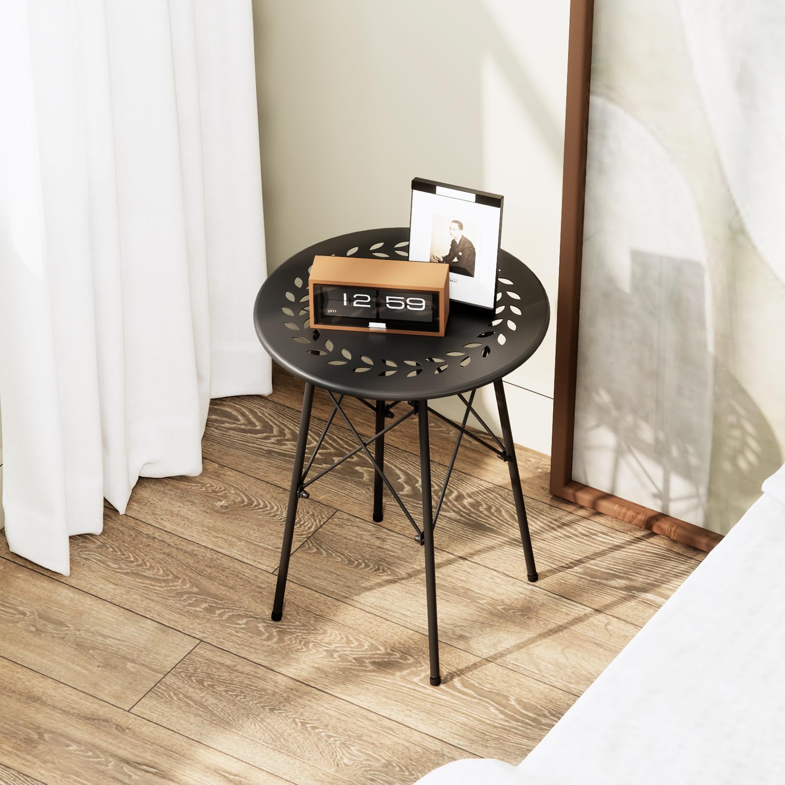 XIV Outdoor Side Table - Weatherproof Round Metal Patio Table for Garden, Balcony, Yard - Small Accent End Table for Outdoor Decor & Relaxation (Black)