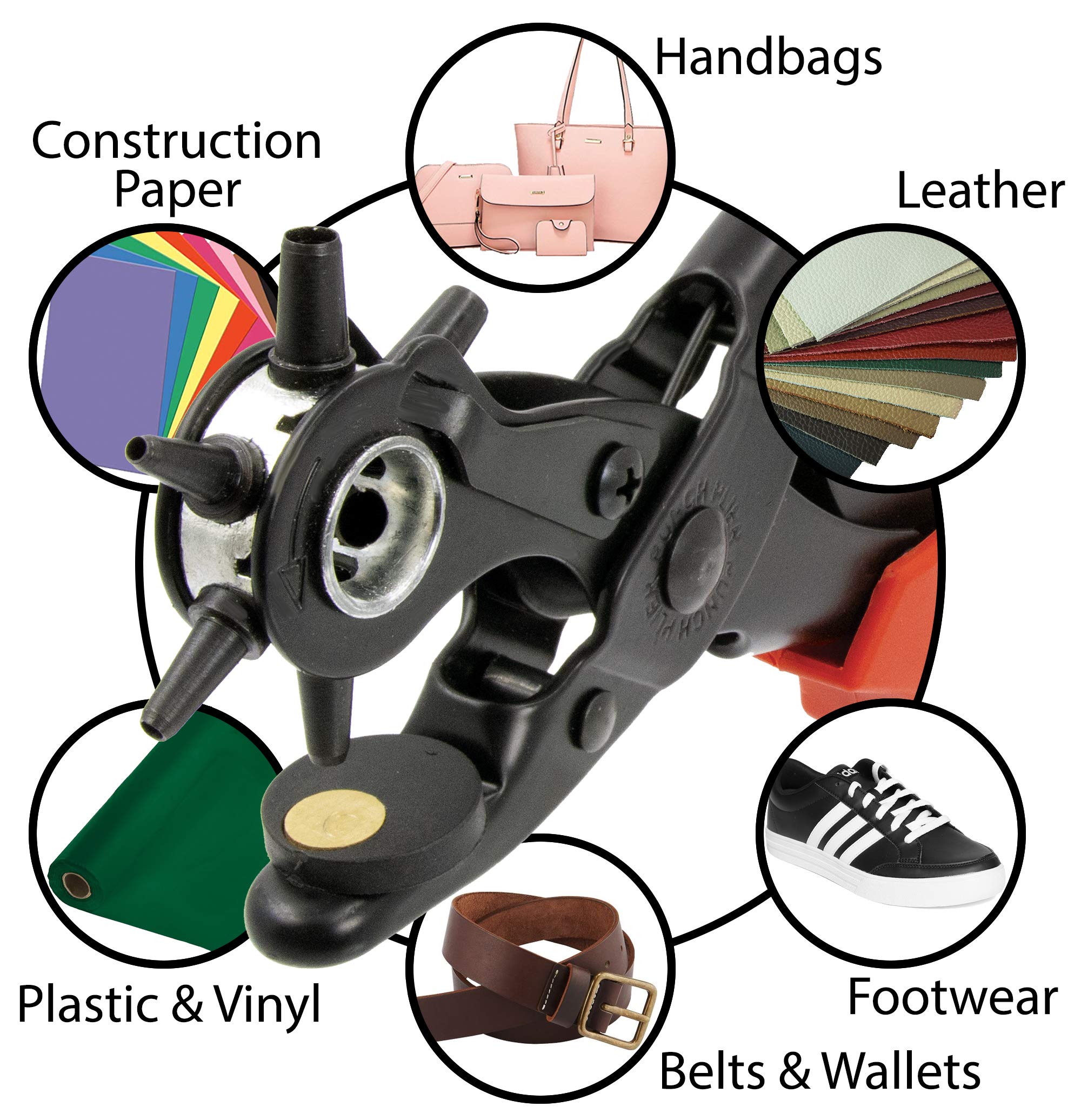 Zega Crafts Revolving Leather Hole Punch Plier Kit - Professional Belt Hole Punch Tool for Leather, Belts, Watches, Vinyl, Plastic & Handbags - Includes 3 Brass Punch Pads & Carborundum Grinding Rod - Perfect for DIY Leather Crafting, Watch Strap Adjustment & Belt Repair