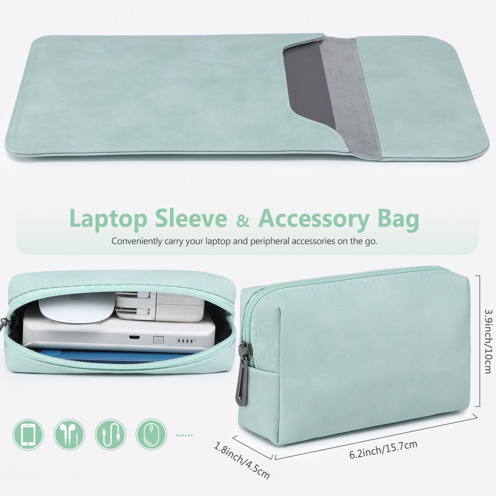 HYZUO 15-16 Inch Laptop Sleeve for MacBook Pro 16 M4/M3/M2/M1 Pro/Max (2025-2019 Models), MacBook Pro 15 (2015-2012), Dell XPS 15 - Premium Faux Suede Leather Protective Case with Accessory Bag (Mint Green) - Perfect for Work, Travel & School