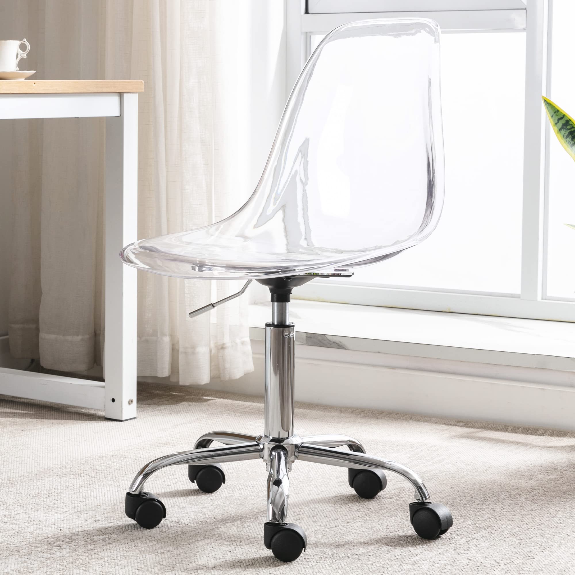 Modern Clear Acrylic Desk Chair - Adjustable Height Armless Rolling Office Chair for Home & Workspace - Small Cute Plastic Vanity Chair with Wheels - Perfect for Home Office, Study Room, Makeup Station & Modern Decor