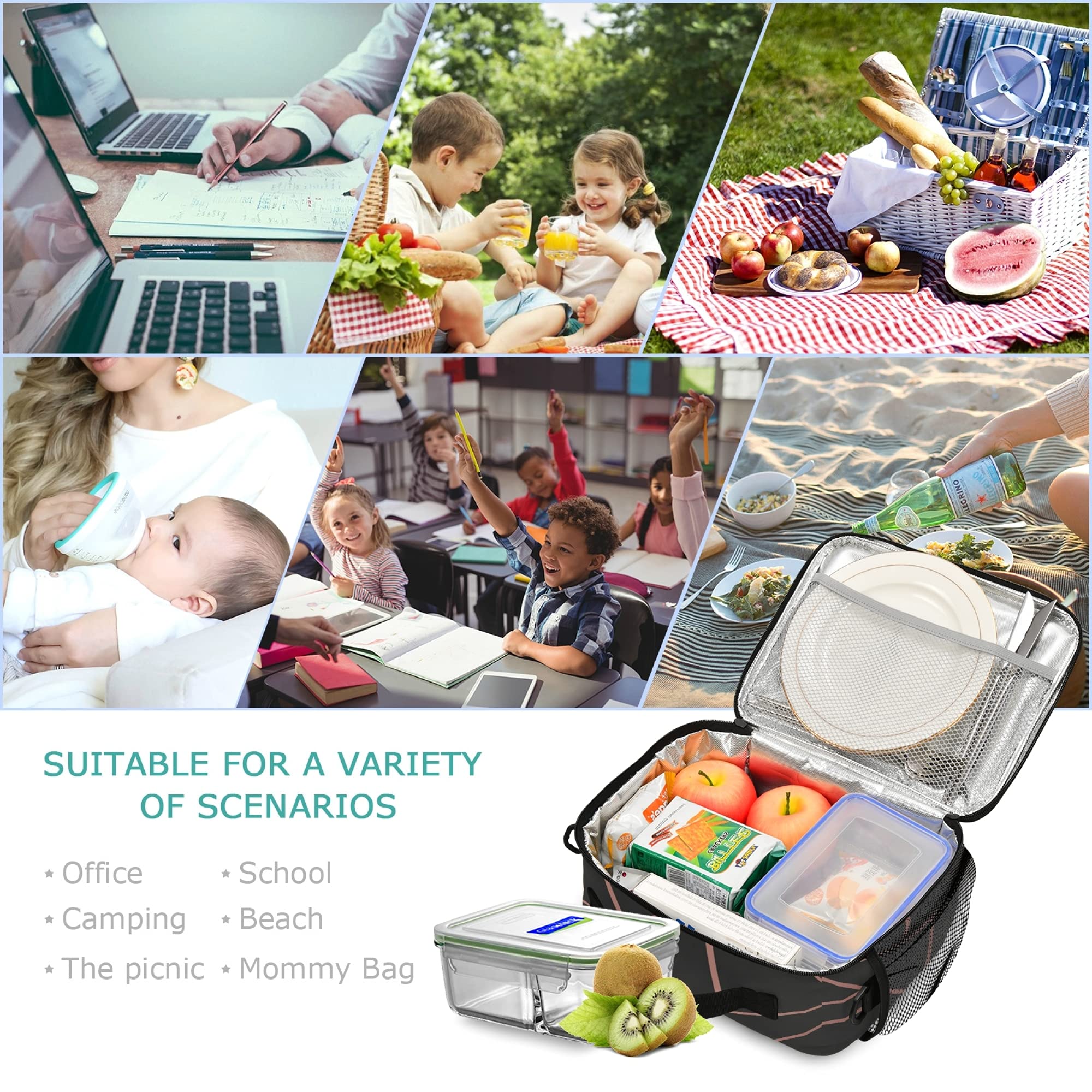 **Black Rose Marble Insulated Lunch Box for Girls & Teens – Geometric Design School Lunch Bag with Ice Pack, Fits Bento Boxes & External Bottle Holder – Perfect for School, Work, Picnics & Travel**