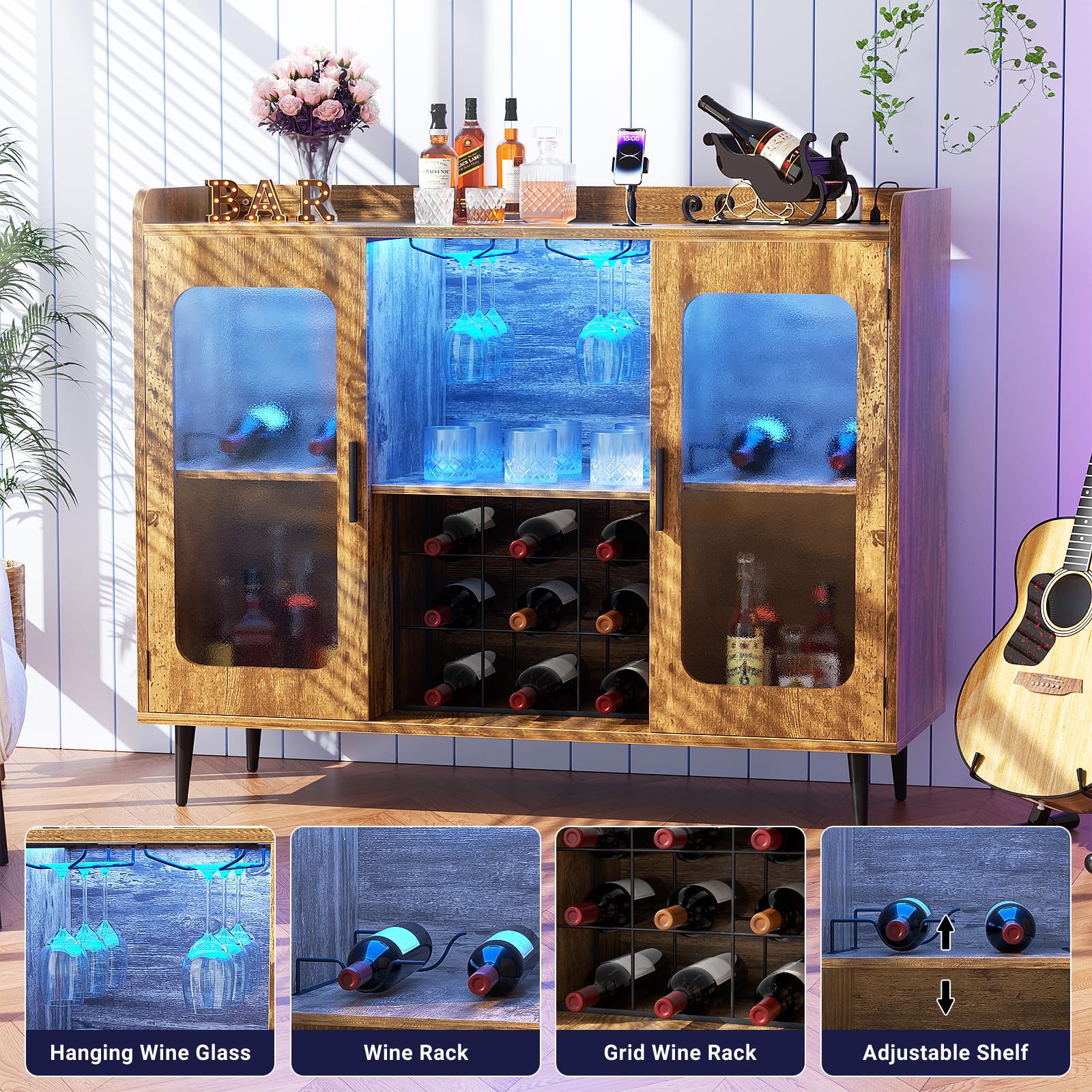 Modern Liquor Cabinet Bar with Built-in Power Outlet & LED Lighting - Wine Storage Cabinet with Glass Rack, Coffee Bar Station, Buffet Sideboard with Storage Shelves for Kitchen & Dining Room - Rustic Brown Finish - Perfect for Home Entertaining & Small Space Organization