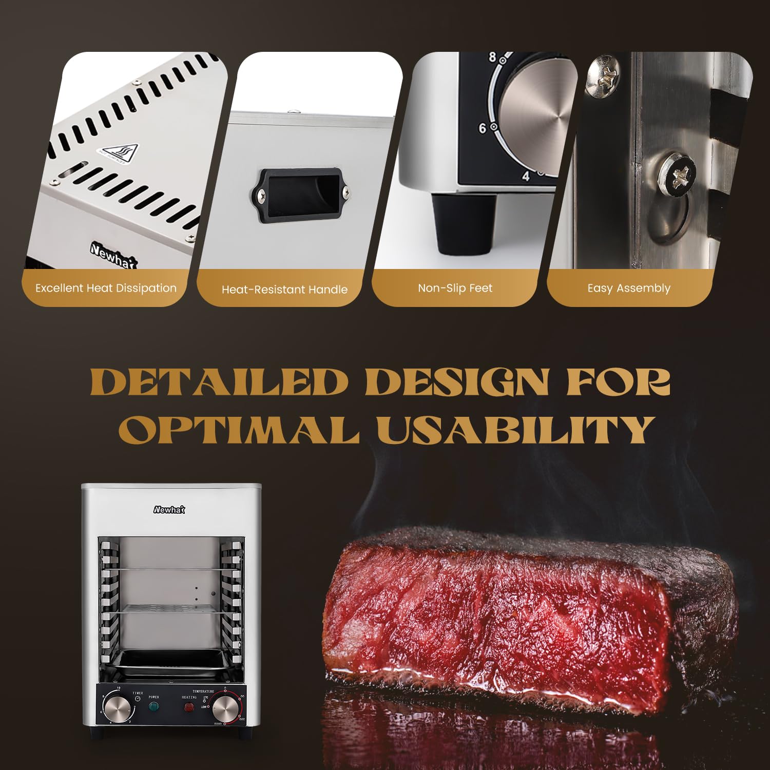Newhai 1700W Electric Steak Broiler - Commercial Indoor Grill with Adjustable Time & Temperature for Beef, Chicken, Vegetables - Perfect for Restaurants, Home Kitchens & Carnivores (110V US Plug)