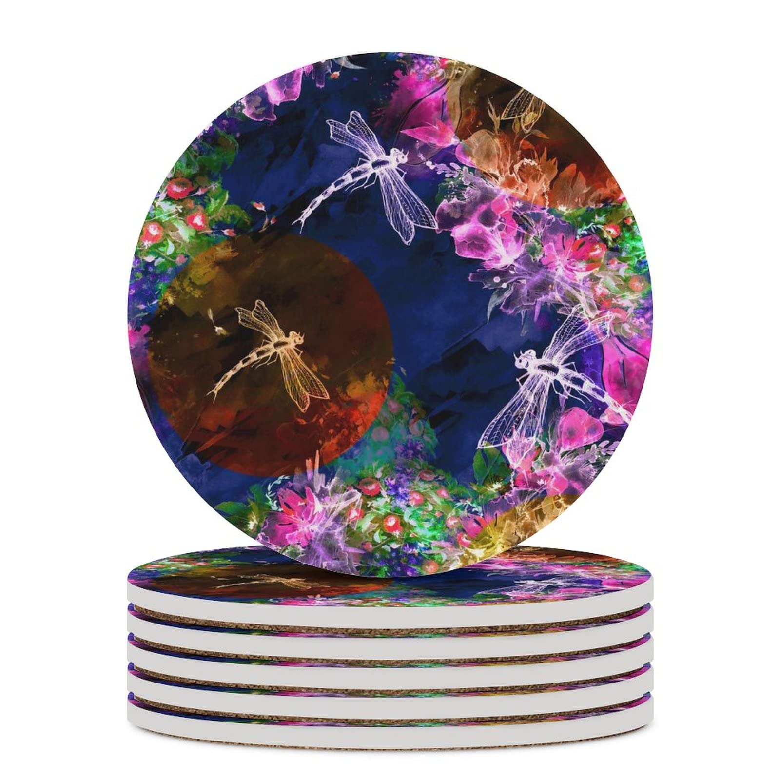 Watercolor Dragonfly Ceramic Coasters Set - Absorbent Paint Splash Design with Cork Base for Coffee Mugs & Drink Glasses - Perfect for Home Decor, Kitchen, Dining Table & Office Use