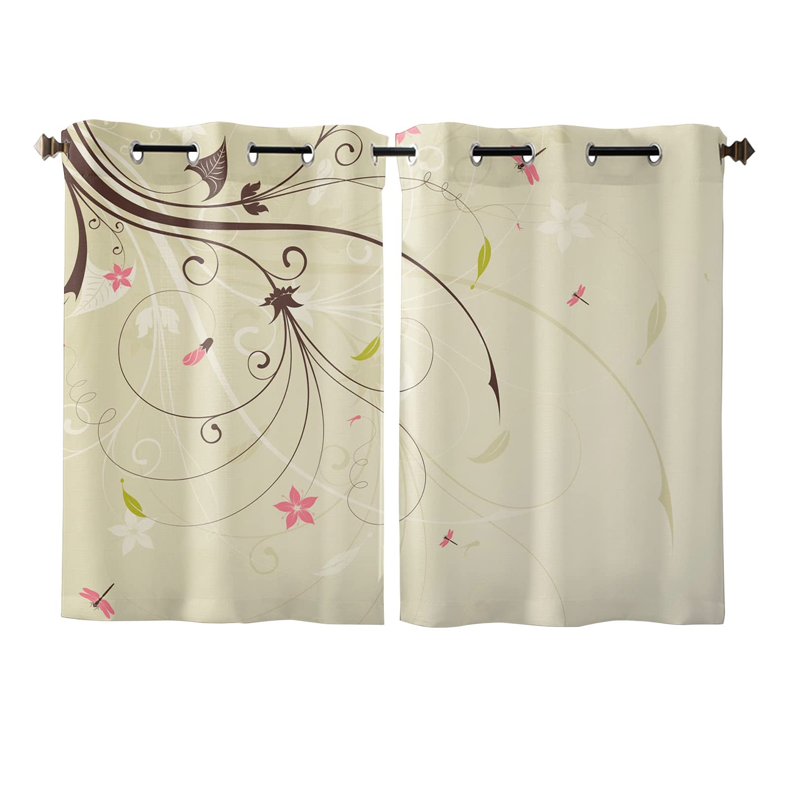Vintage Floral Window Curtains with Grommet Top - Dragonfly & Flowering Branch Design for Kitchen, Cafe, Bedroom & Living Room - Light Filtering Drapes for Home Decor, Privacy & Sun Protection (52x84 Inch) - Perfect for Cozy Living Spaces, Bedrooms & Dining Areas