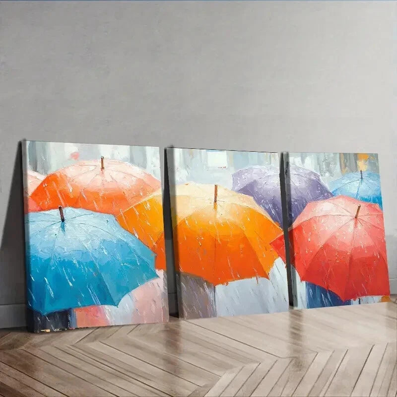 3-Piece Canvas Wall Art Set - 'Umbrellas in the Rain' Framed Painting (60x90cm) | High-Quality Print | 100% Australian Made | Ready to Hang | Perfect for Living Room, Bedroom & Office Decor