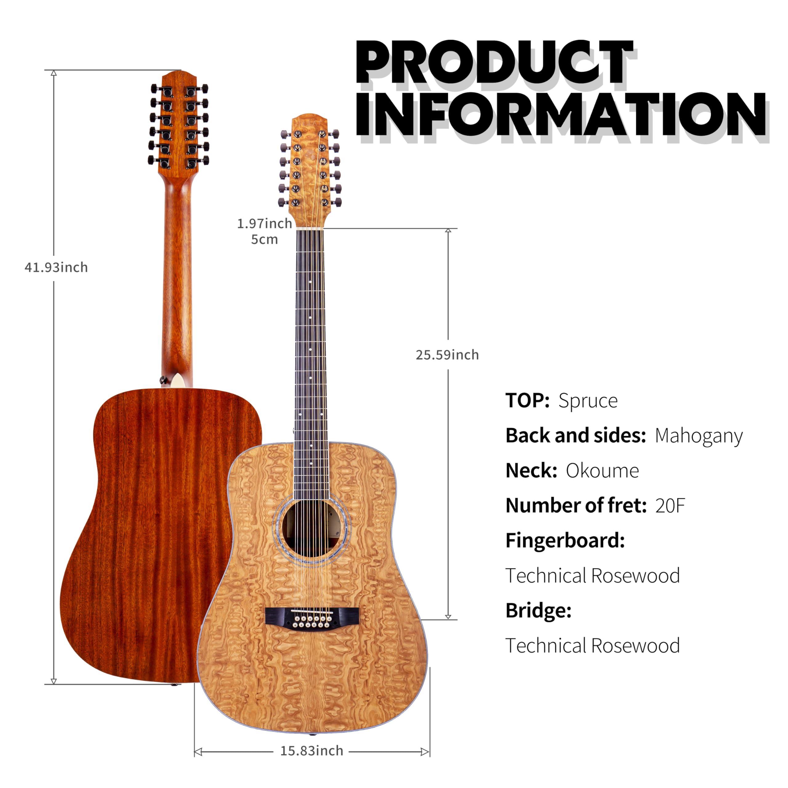 Premium Left-Handed 12-String Acoustic Guitar - Curly Ash Top, Mahogany Back & Sides, Okoume Neck - Perfect for Folk, Blues & Fingerstyle Performances