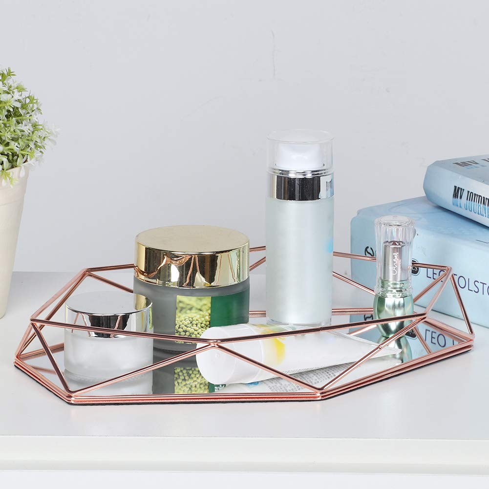 Rose Gold Hexagon Makeup Organizer Tray - Cosmetic & Jewelry Storage Box for Makeup Brushes, Perfume, Lipsticks, Nail Polish - Bathroom & Vanity Organizer for Women - Perfect for Home, Travel & Gift