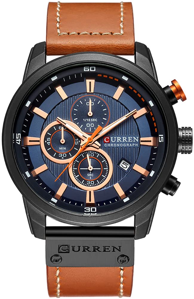 MASTOP Men's Leather Strap Watch - Quartz Movement, Stainless Steel Case, Waterproof Chronograph Analog Wristwatch for Business, Casual & Outdoor Activities