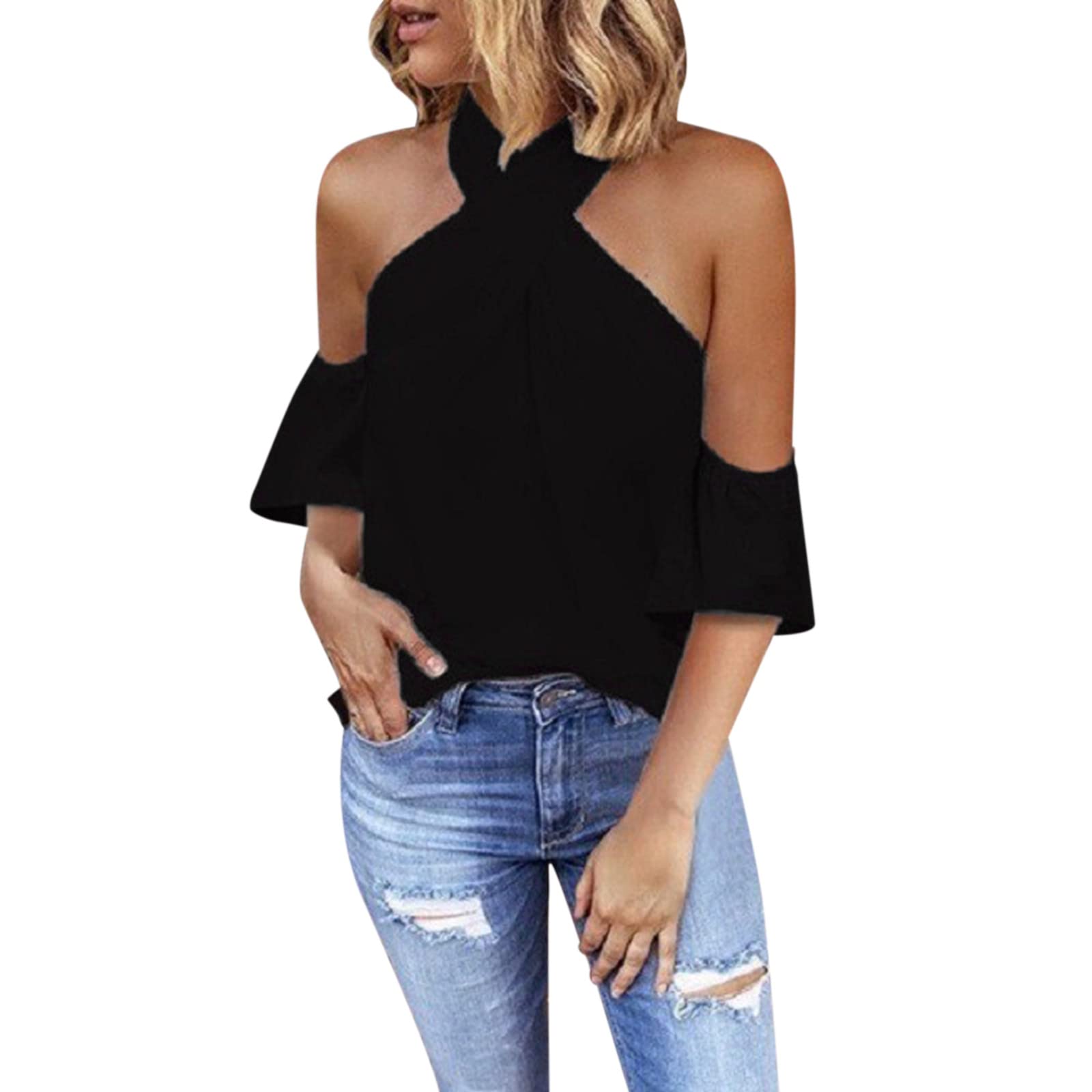 Women's Casual Slim Fit Halter Top with Back Zipper - Solid Color Short Sleeve Sexy Tunic Blouse for Summer | Perfect for Beach, Party & Date Night Outfits