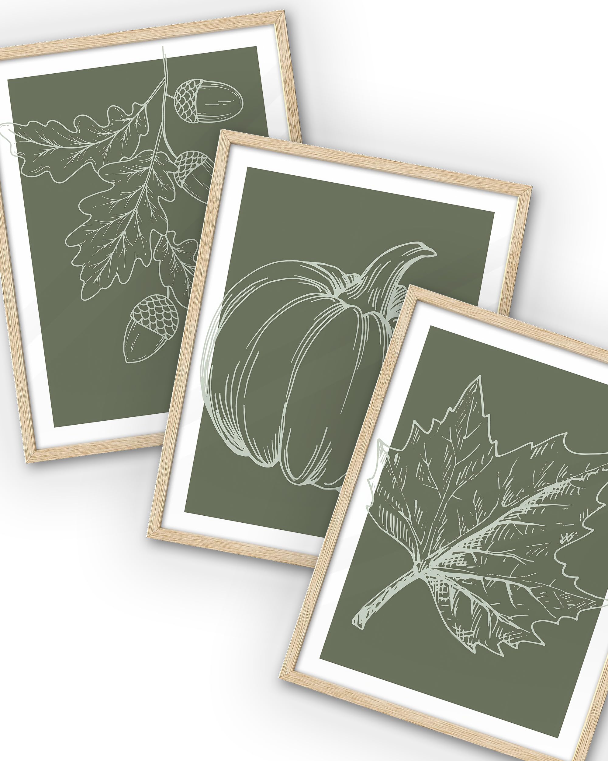 iHery Natural OAK Wood Autumn Pumpkin Framed Wall Art - 12x16 Inch Fall Leaves Canvas Decor with Warm Tones - Set of 3 Green Posters for Bedroom, Living Room & Office - Seasonal Home Decor for Thanksgiving & Cozy Interior Design