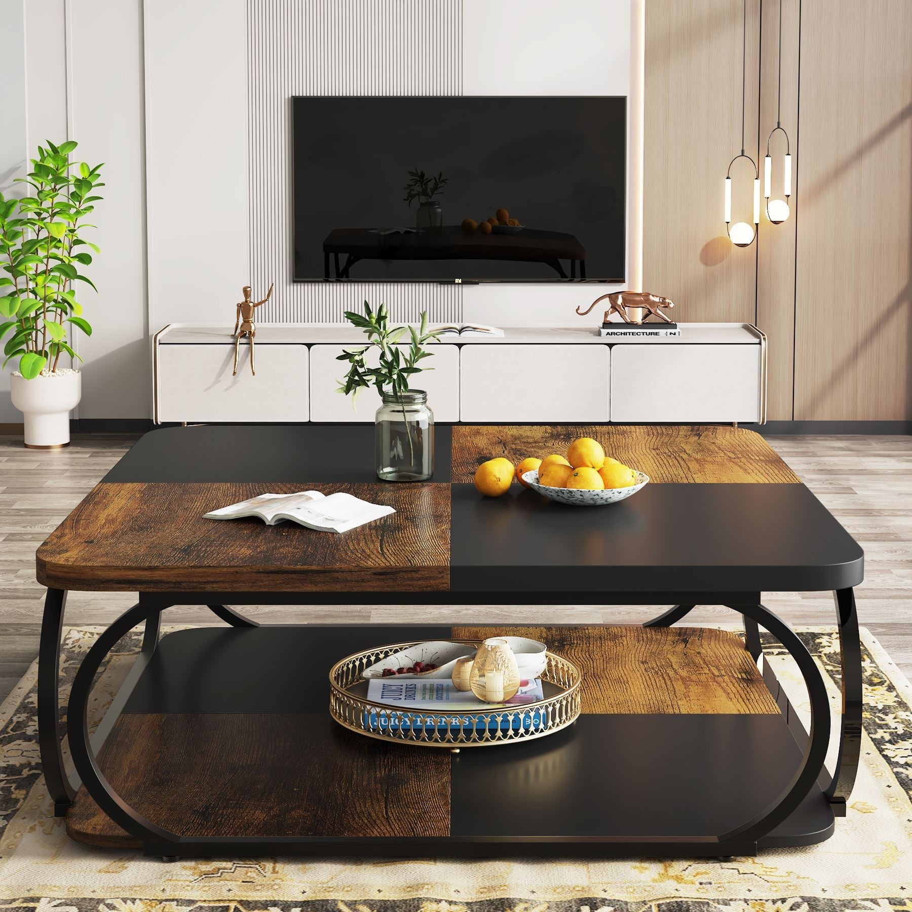 Modern Square Coffee Table with 2-Tier Shelves - 39 Inch Center Cocktail Table for Living Room - Perfect for Small Spaces, Home Decor & Entertaining Guests
